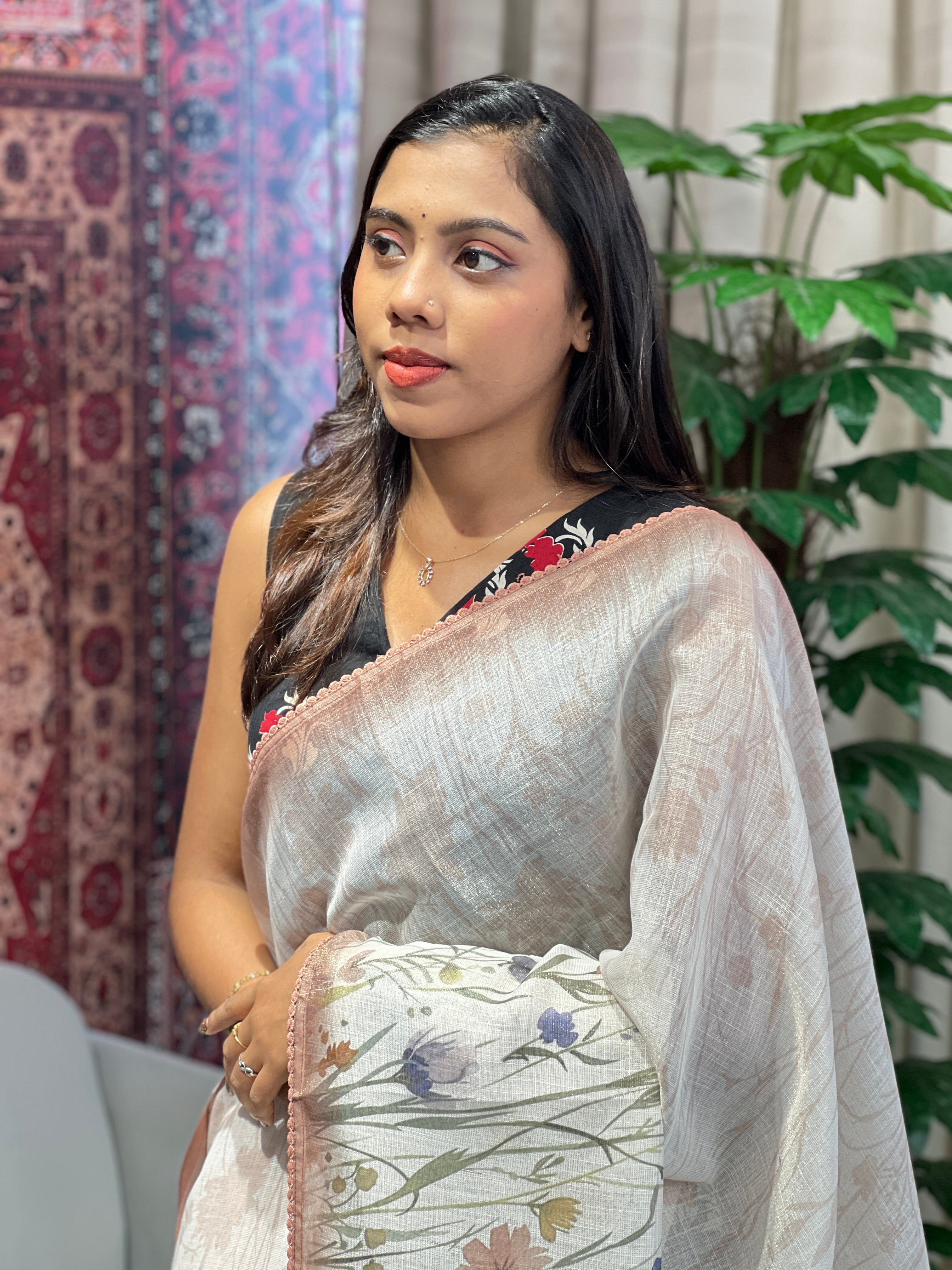 Floral Print & Hand Embroidery Detailed Tissue Linen Saree | BLD1932