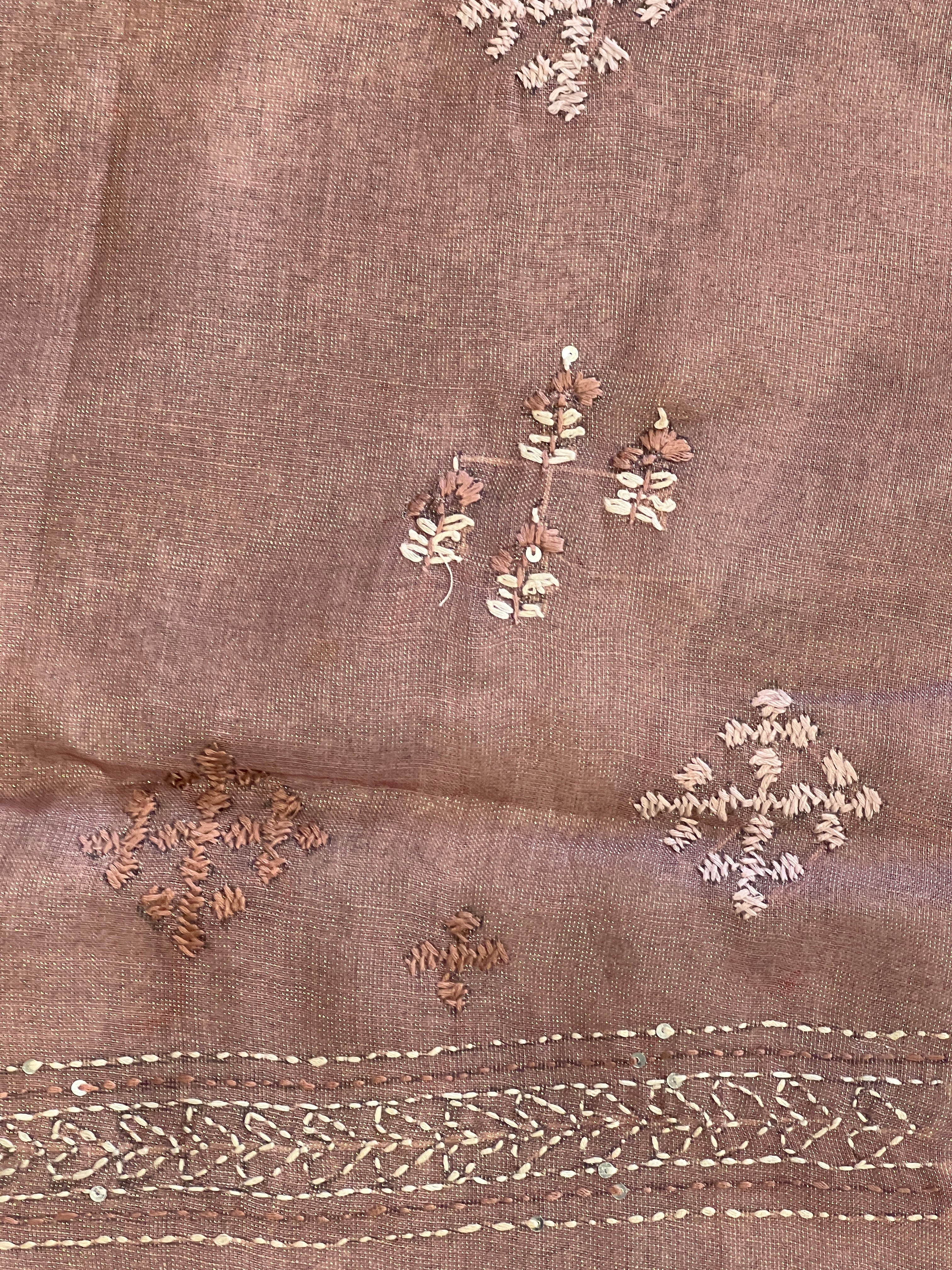 Floral Print & Hand Embroidery Detailed Tissue Linen Saree | BLD1932