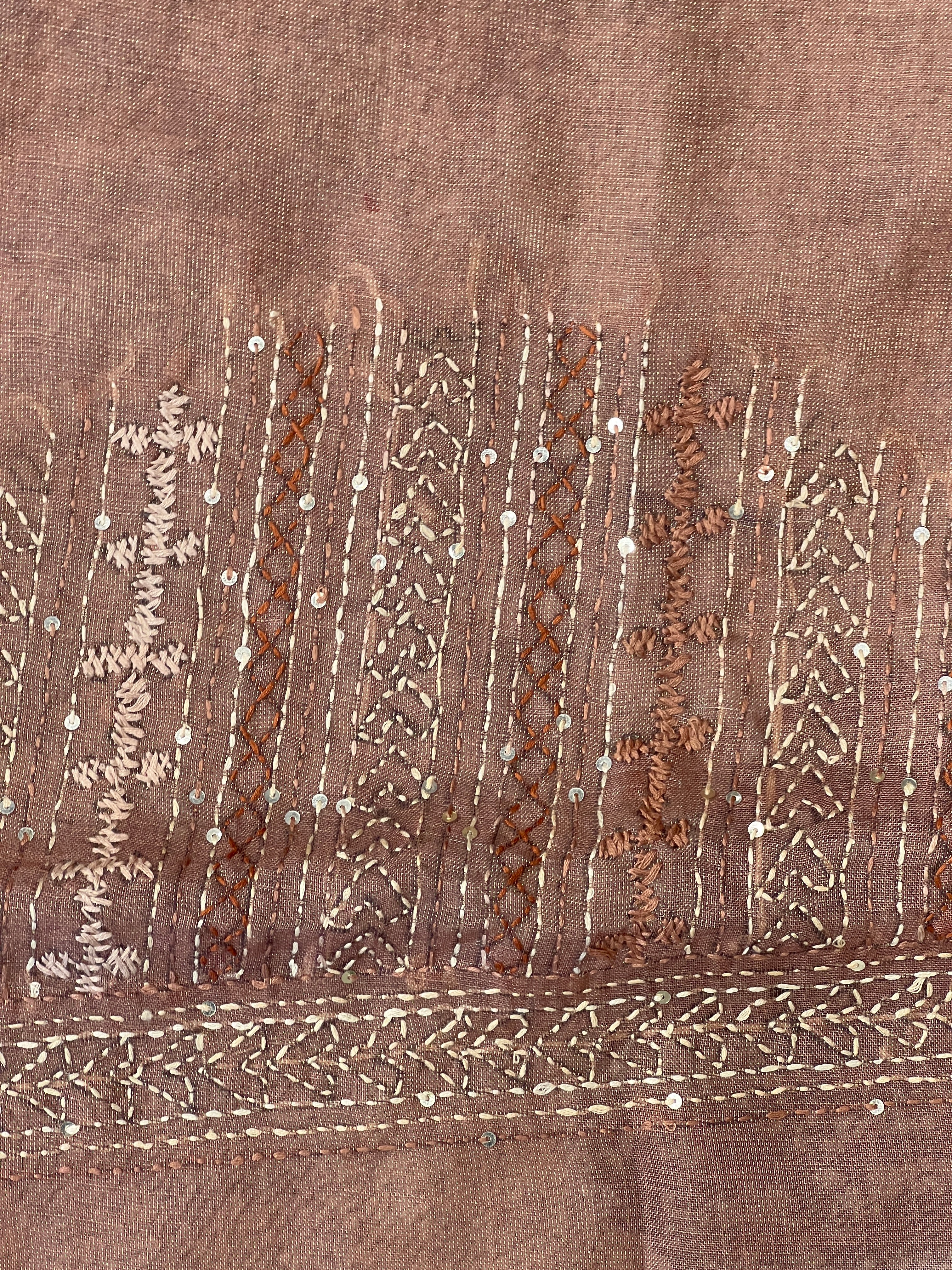 Floral Print & Hand Embroidery Detailed Tissue Linen Saree | BLD1932