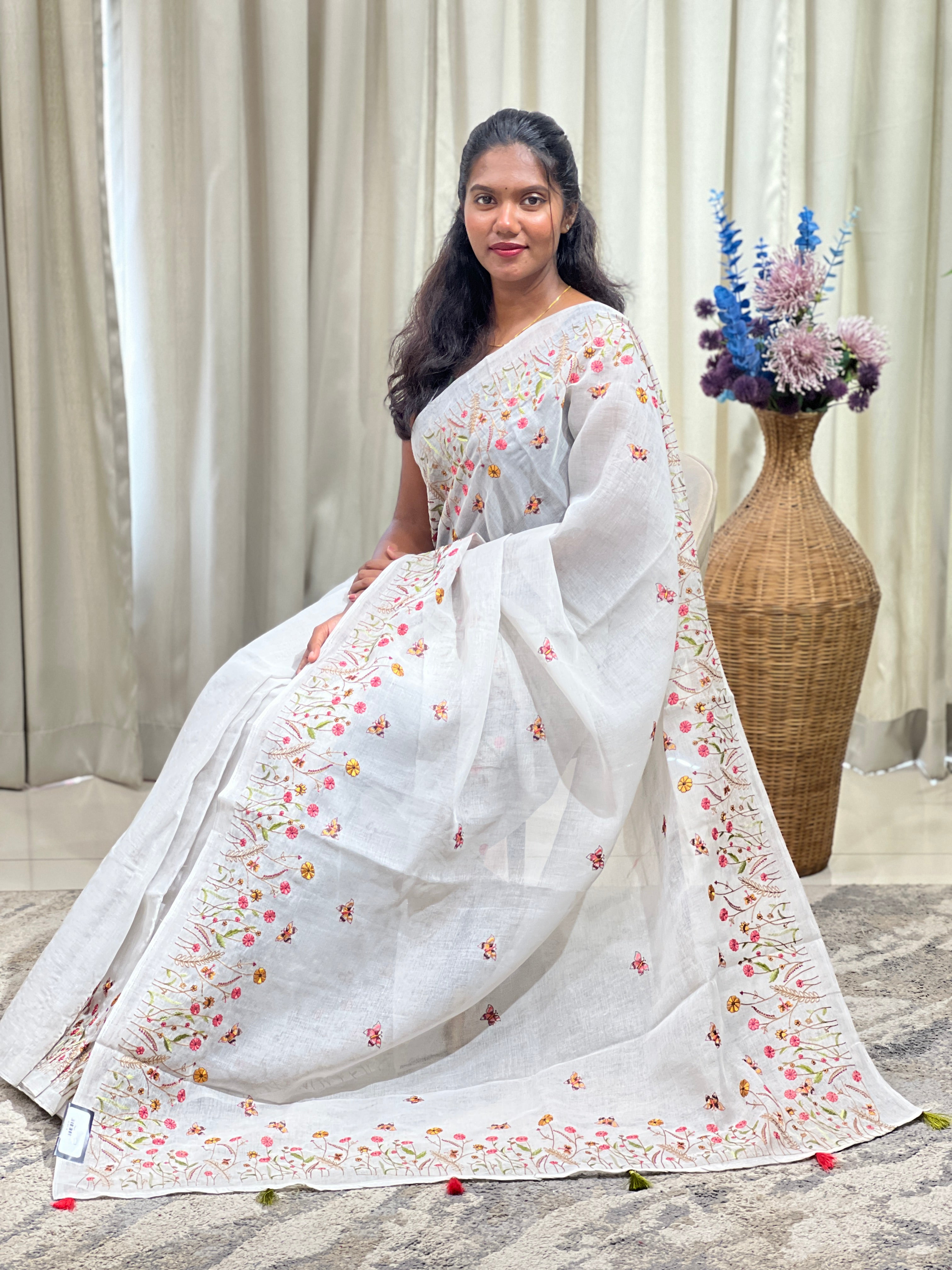 Floral Machine Embroidery Semi Linen Saree | RP842