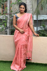 Silver Zari Geometrical Buta Design Silk Linen Saree | SK250