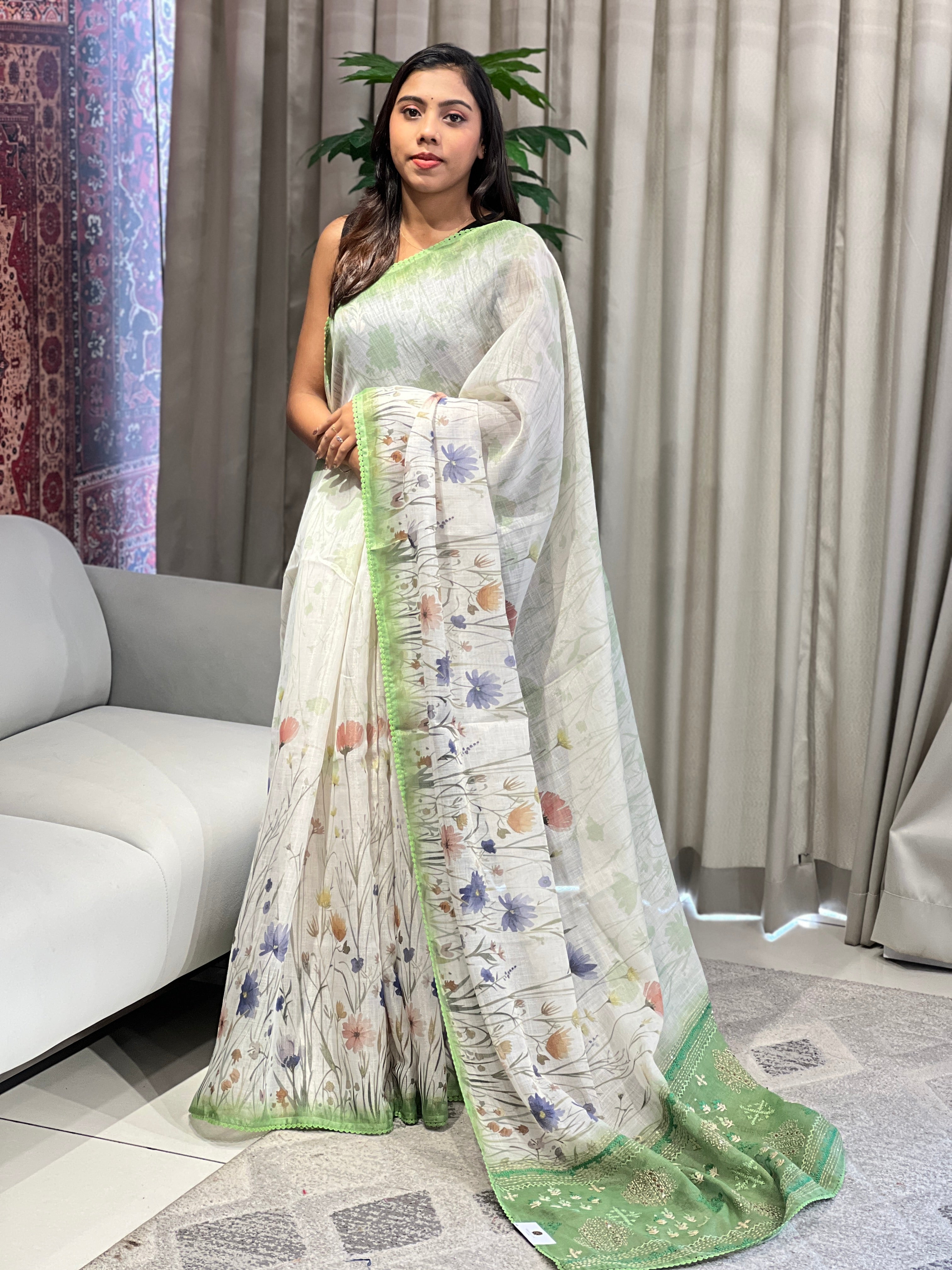 Floral Print & Hand Embroidery Detailed Tissue Linen Saree | BLD1931