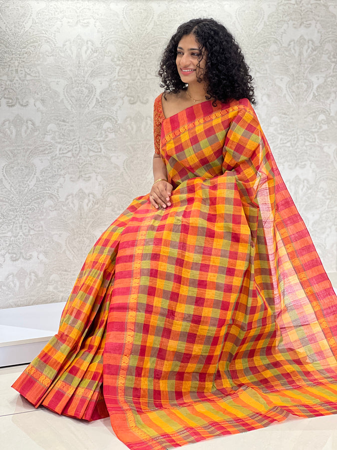 Check Patterned Cotton Saree | RP459