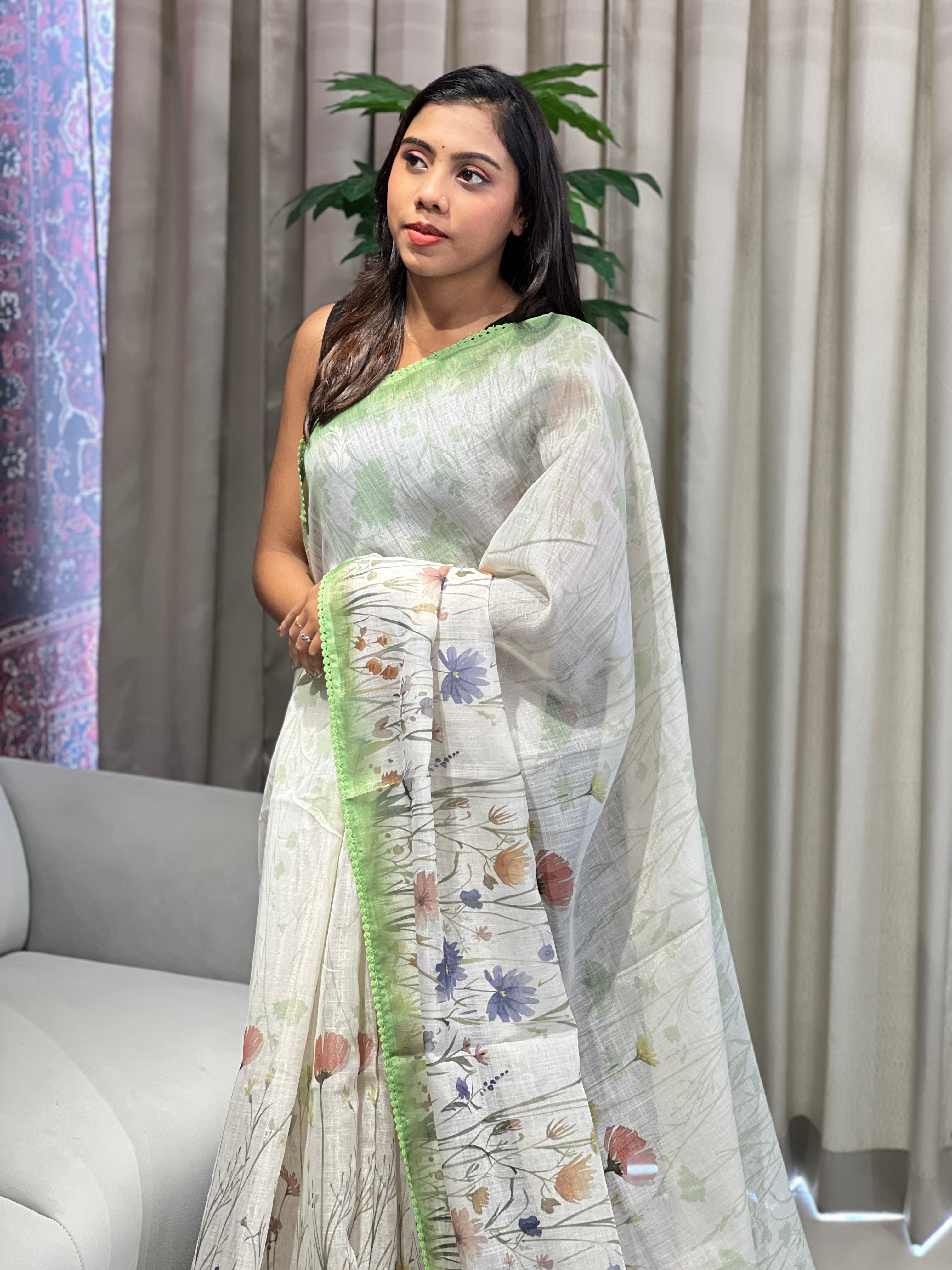 Floral Print & Hand Embroidery Detailed Tissue Linen Saree | BLD1931
