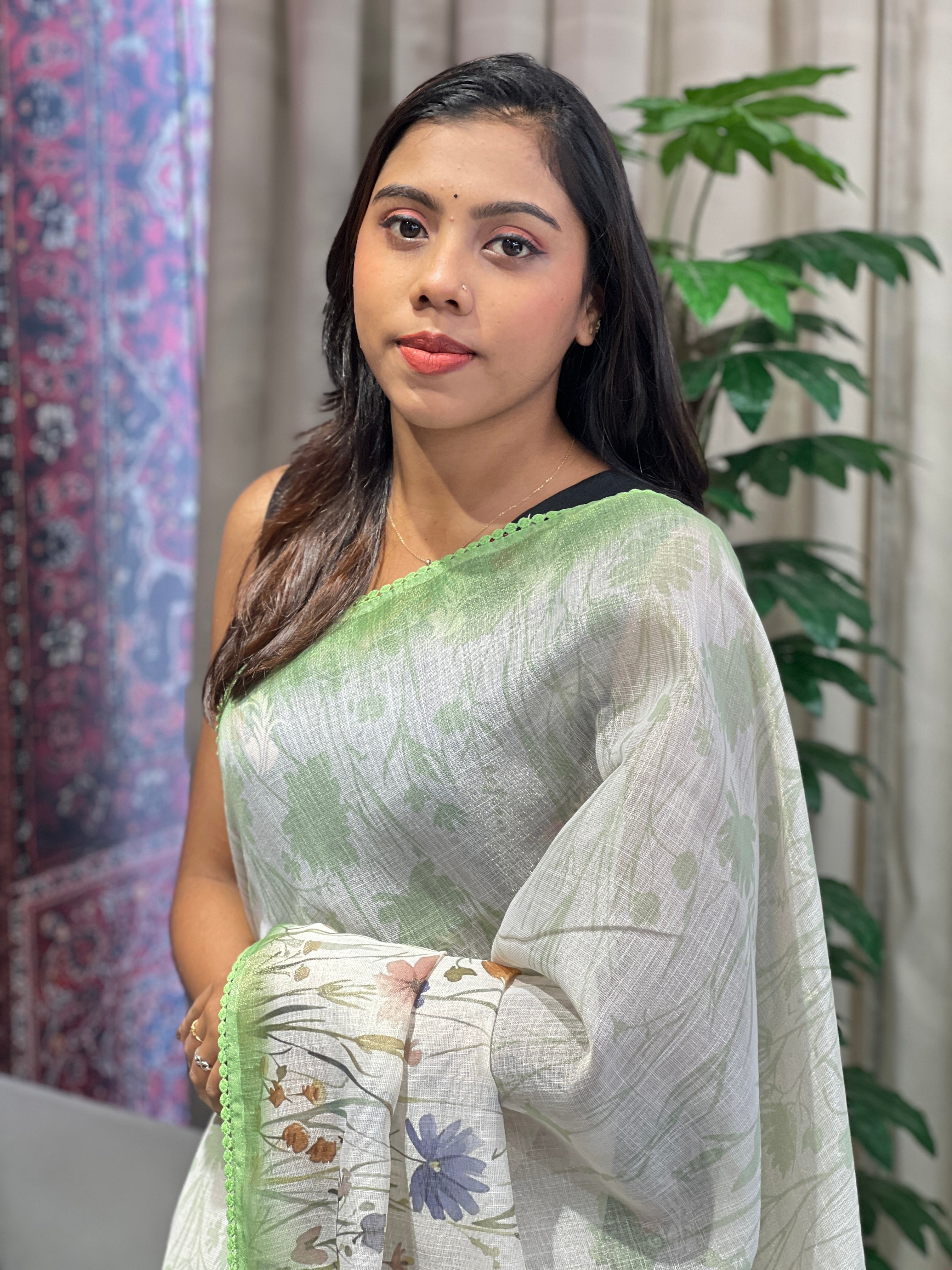 Floral Print & Hand Embroidery Detailed Tissue Linen Saree | BLD1931