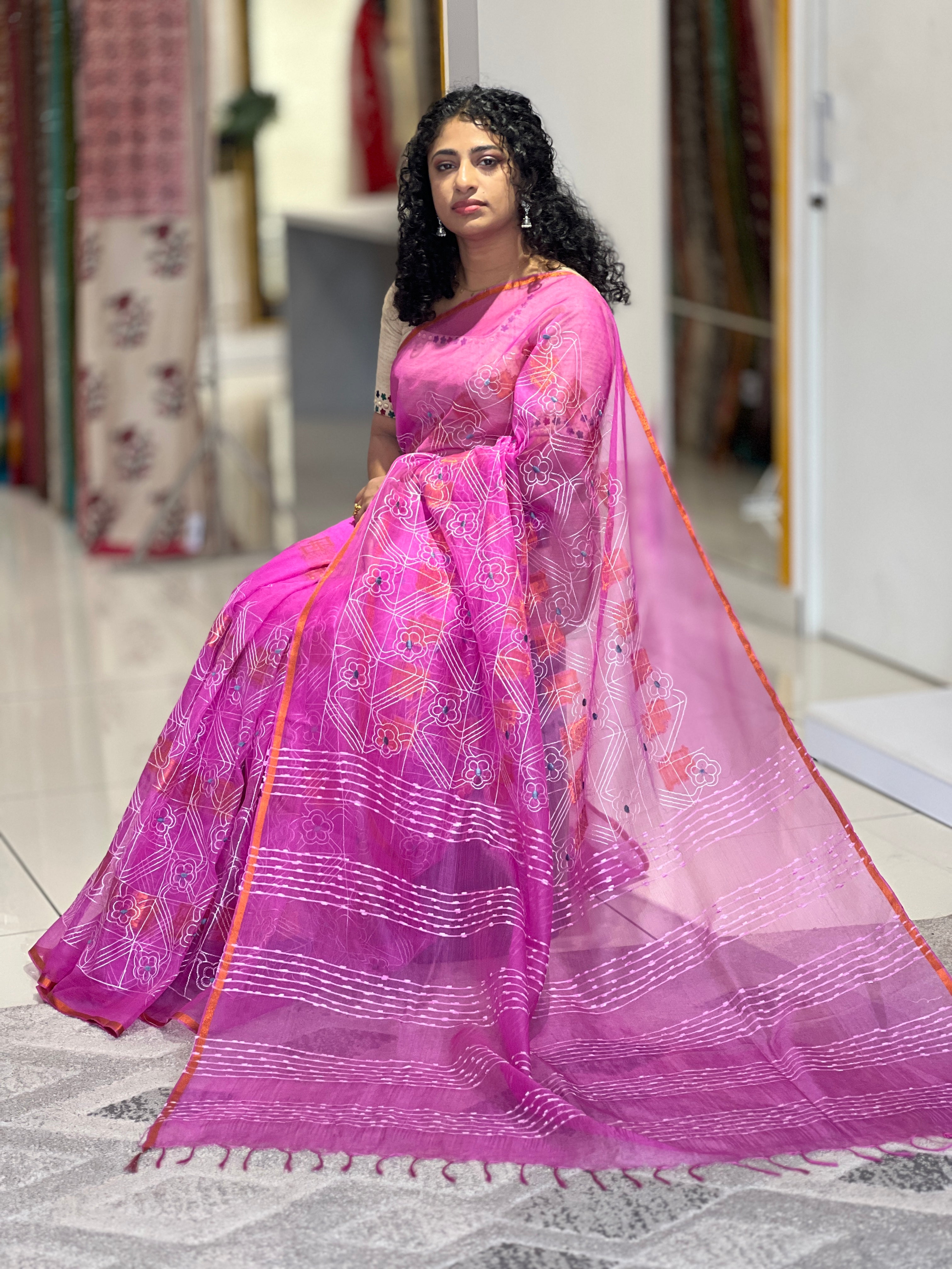 Copper Zari Weaven Motif Organza Saree | US252