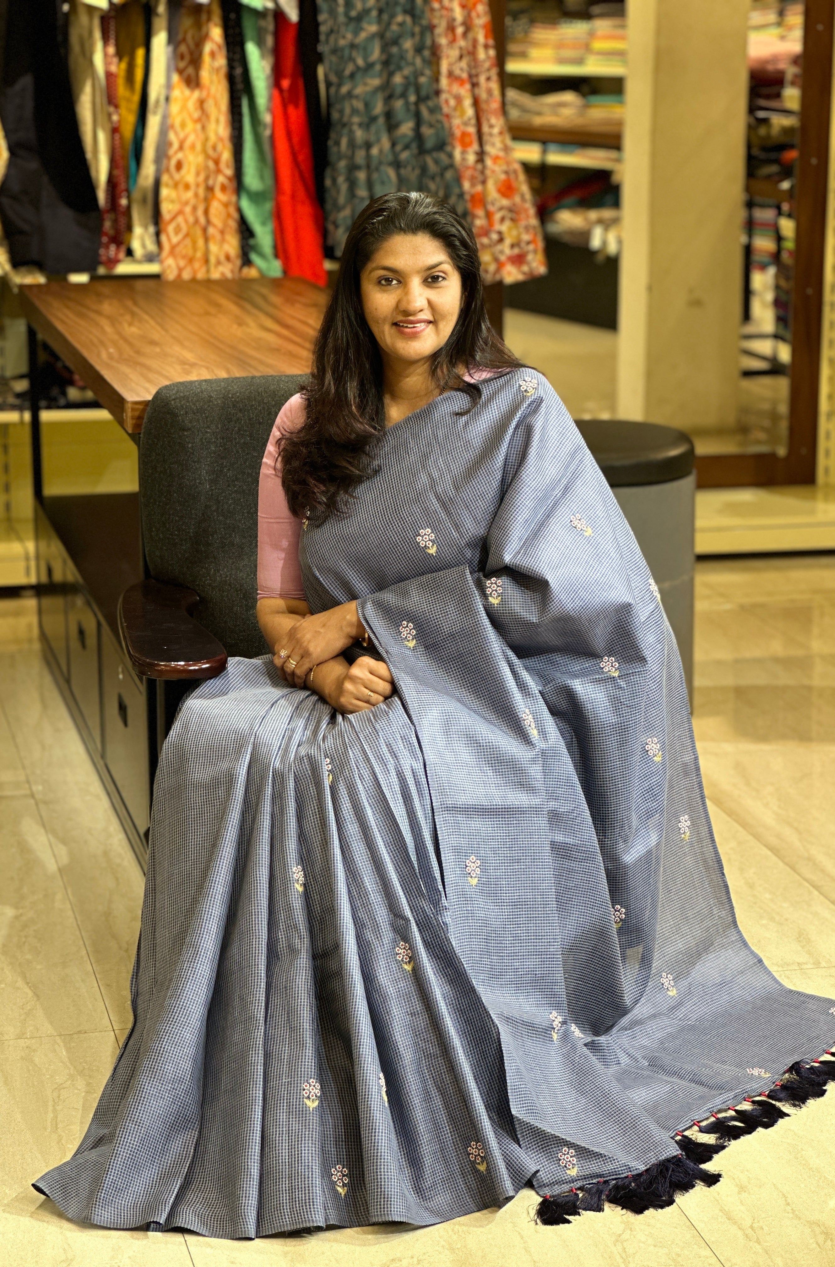 Hand Embroidery & Check Weaving Tussar Saree | AHR332