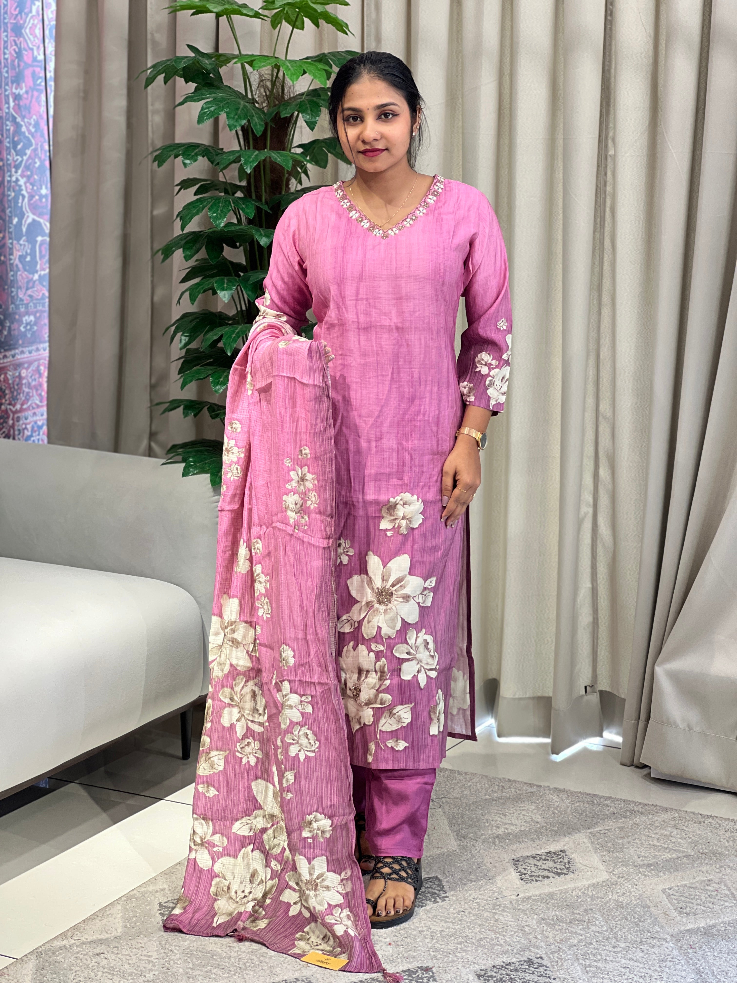 Floral Print With Embroidery Detailed Muslin Kurta Set | FW359