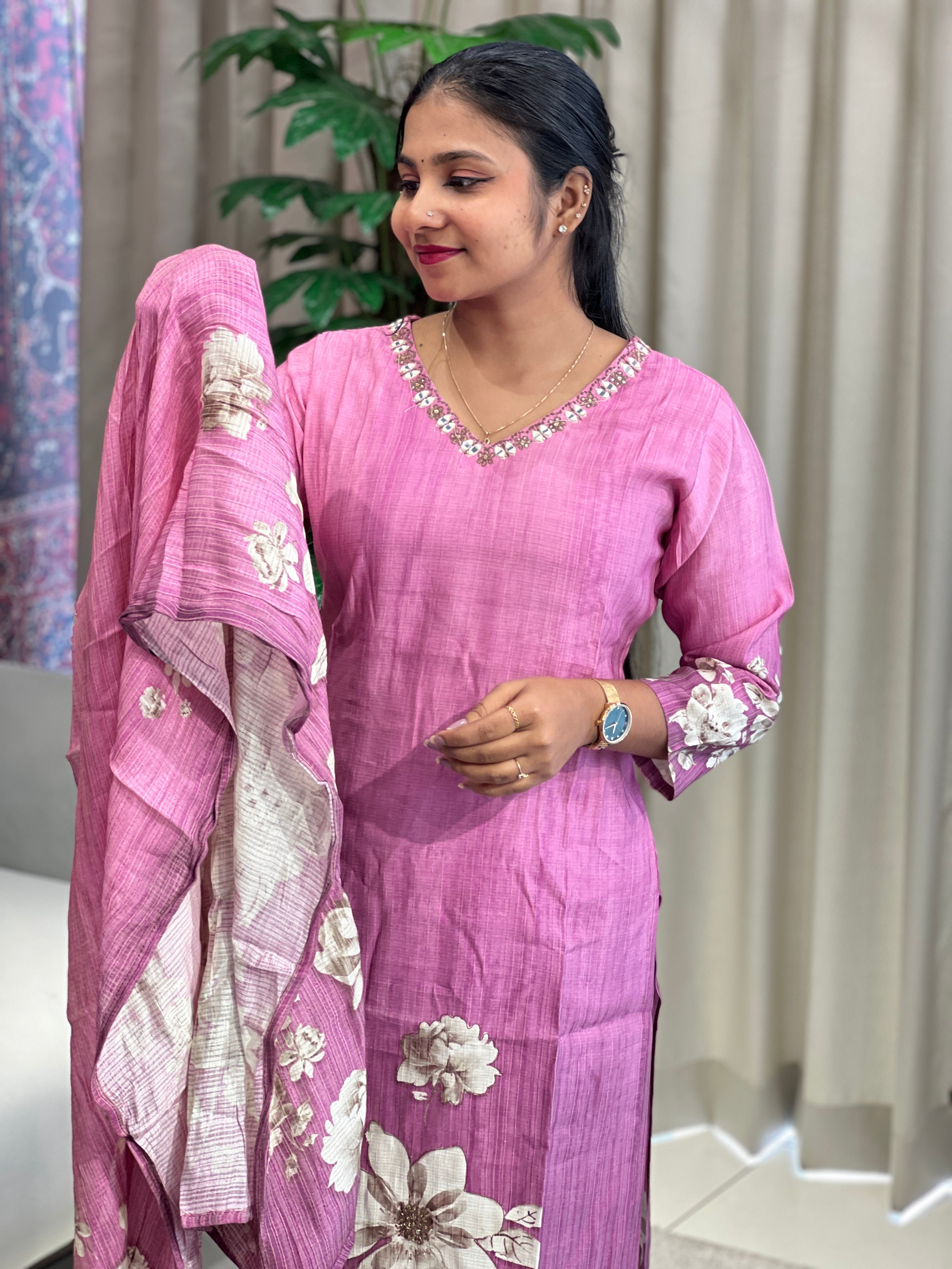 Floral Print With Embroidery Detailed Muslin Kurta Set | FW359