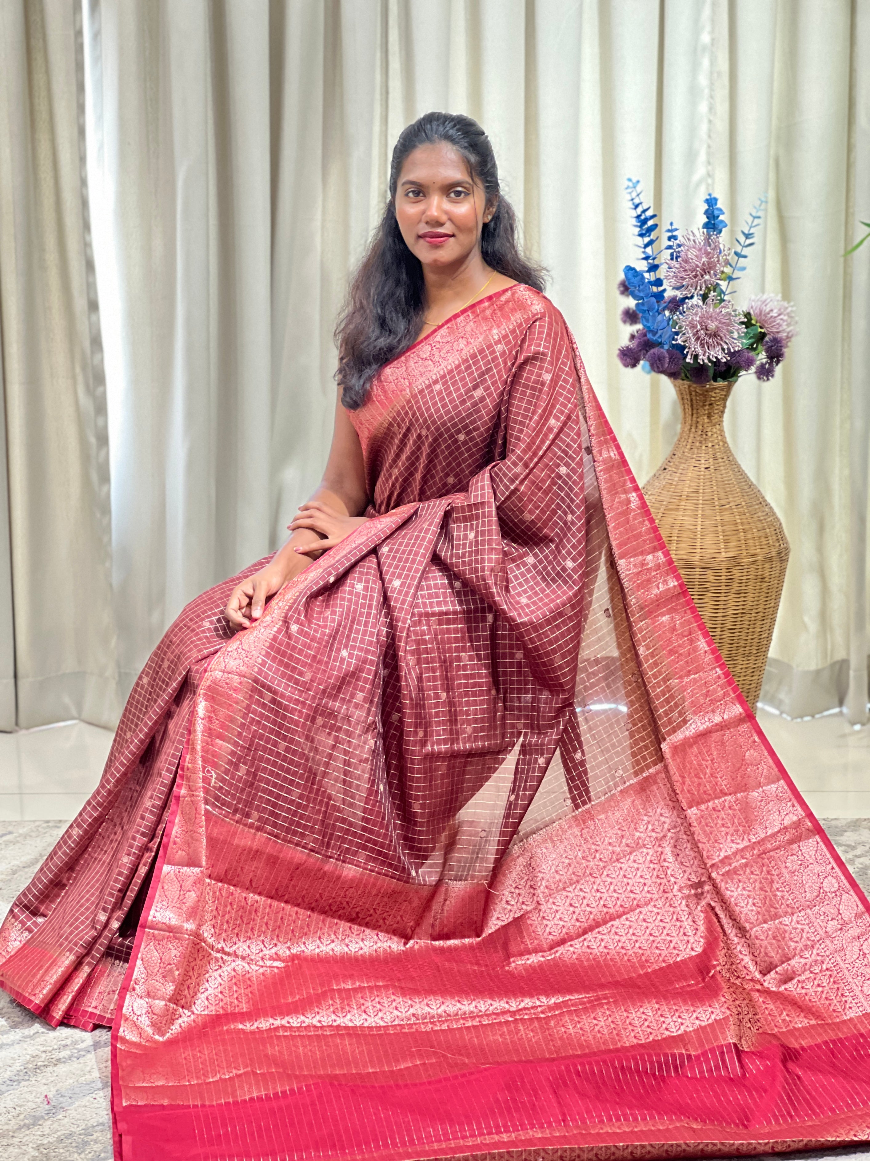 Check Woven Pattern Semi Silk Saree | ZSS593