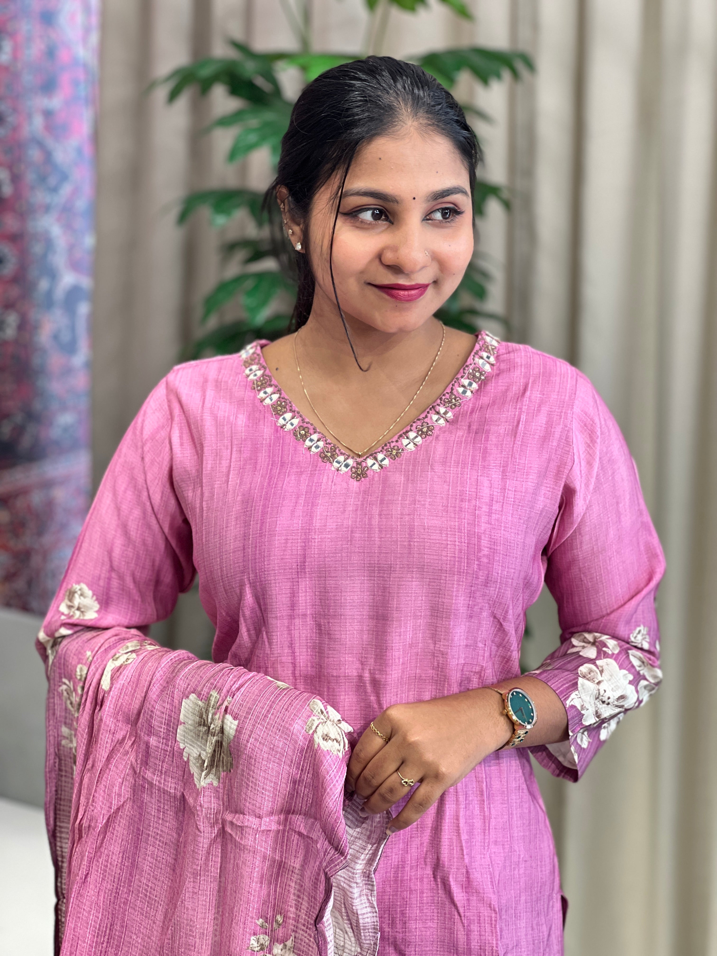 Floral Print With Embroidery Detailed Muslin Kurta Set | FW359