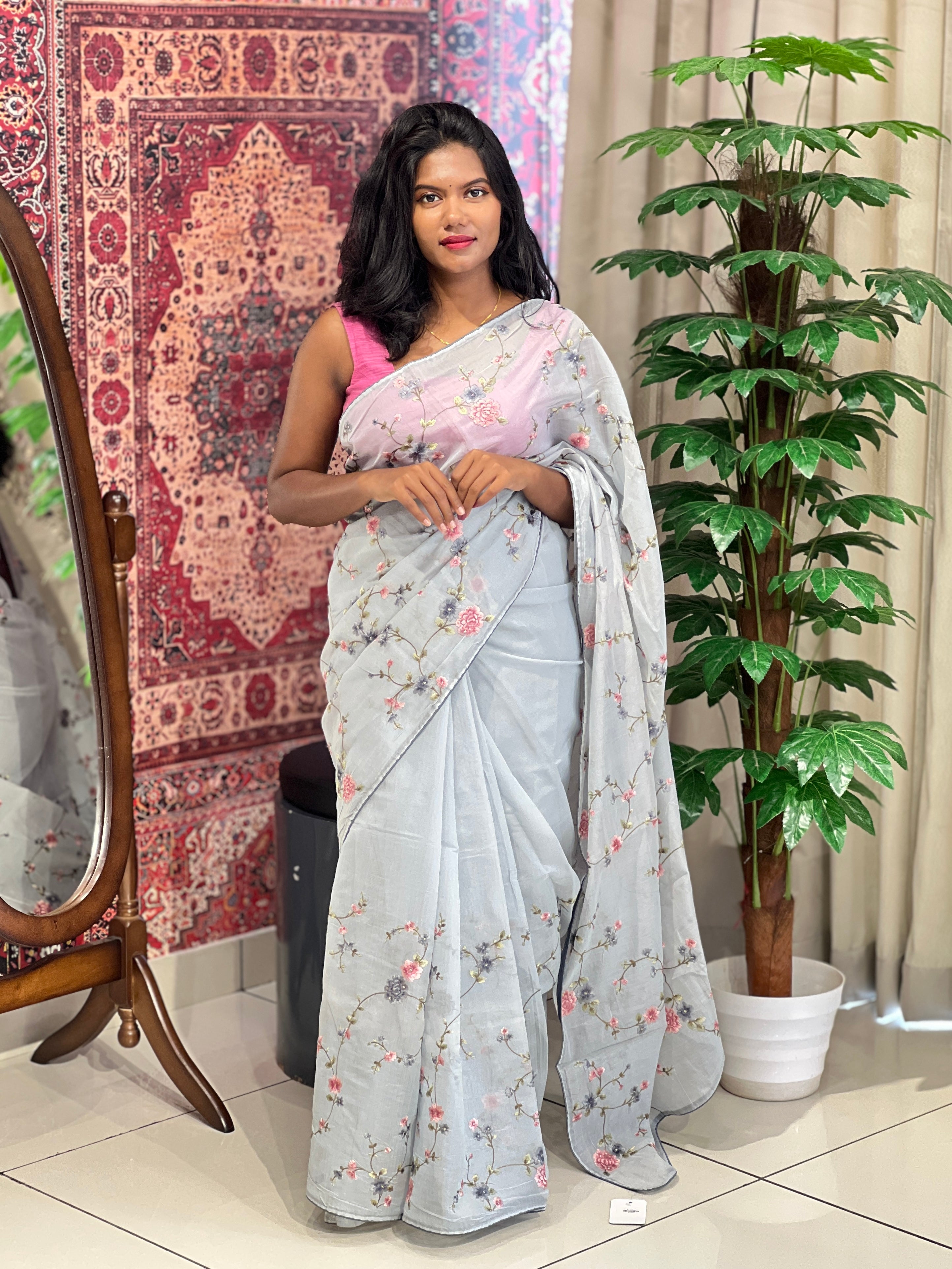 Floral Embroidery Patterned Chanderi Finish Saree | BLD656