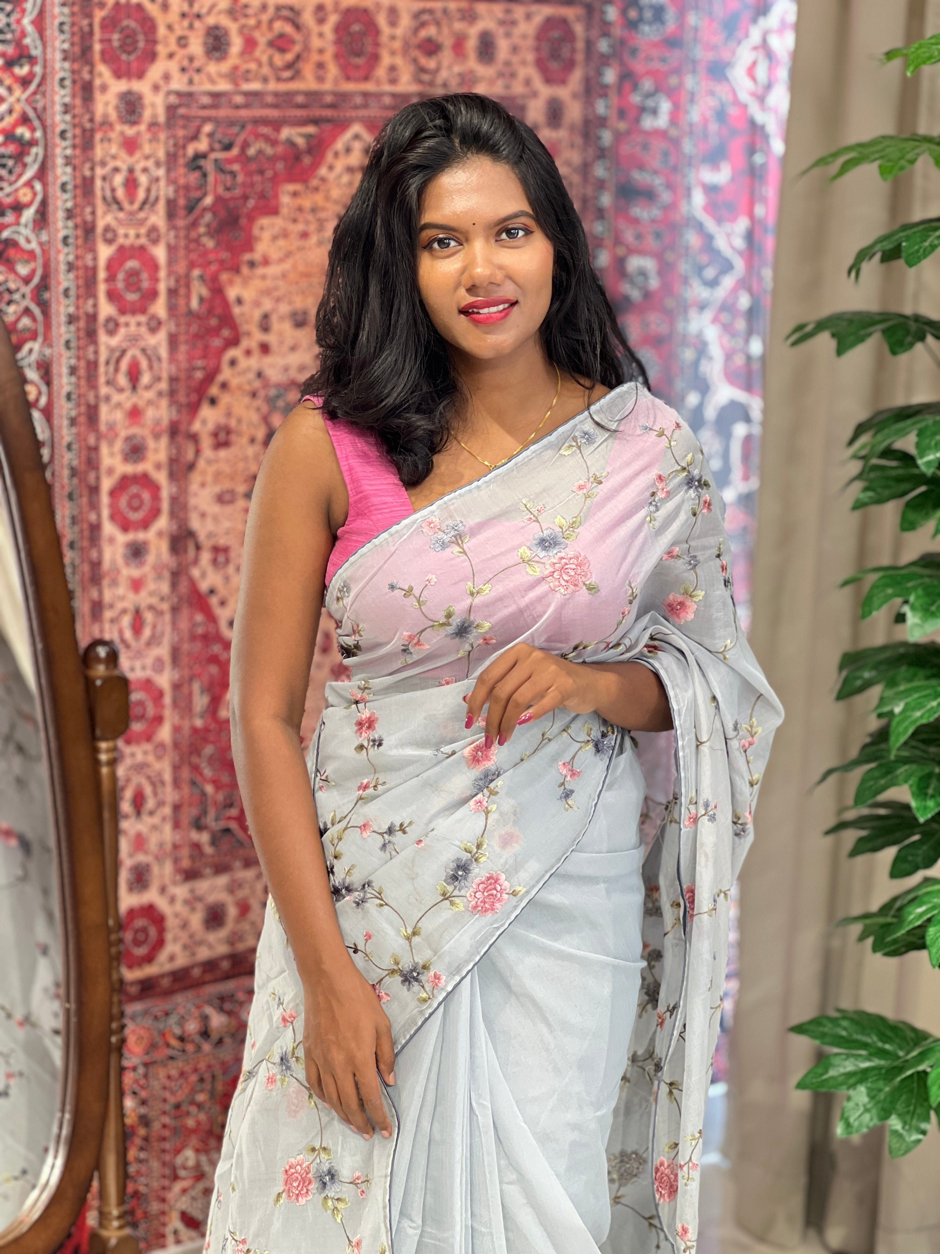 Floral Embroidery Patterned Chanderi Finish Saree | BLD656