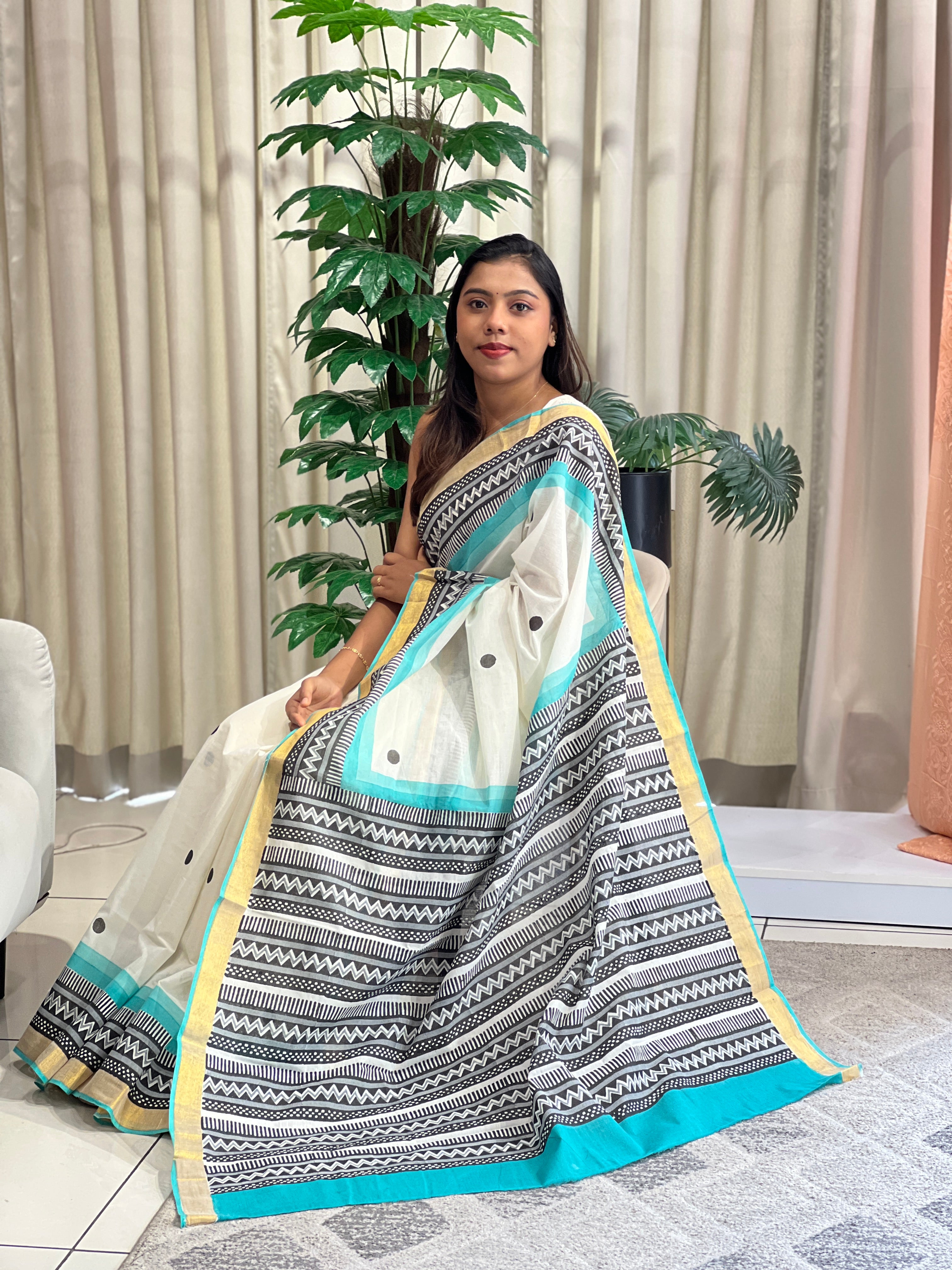 Zig Zag Pattern Kerala Cotton Saree | JSC326