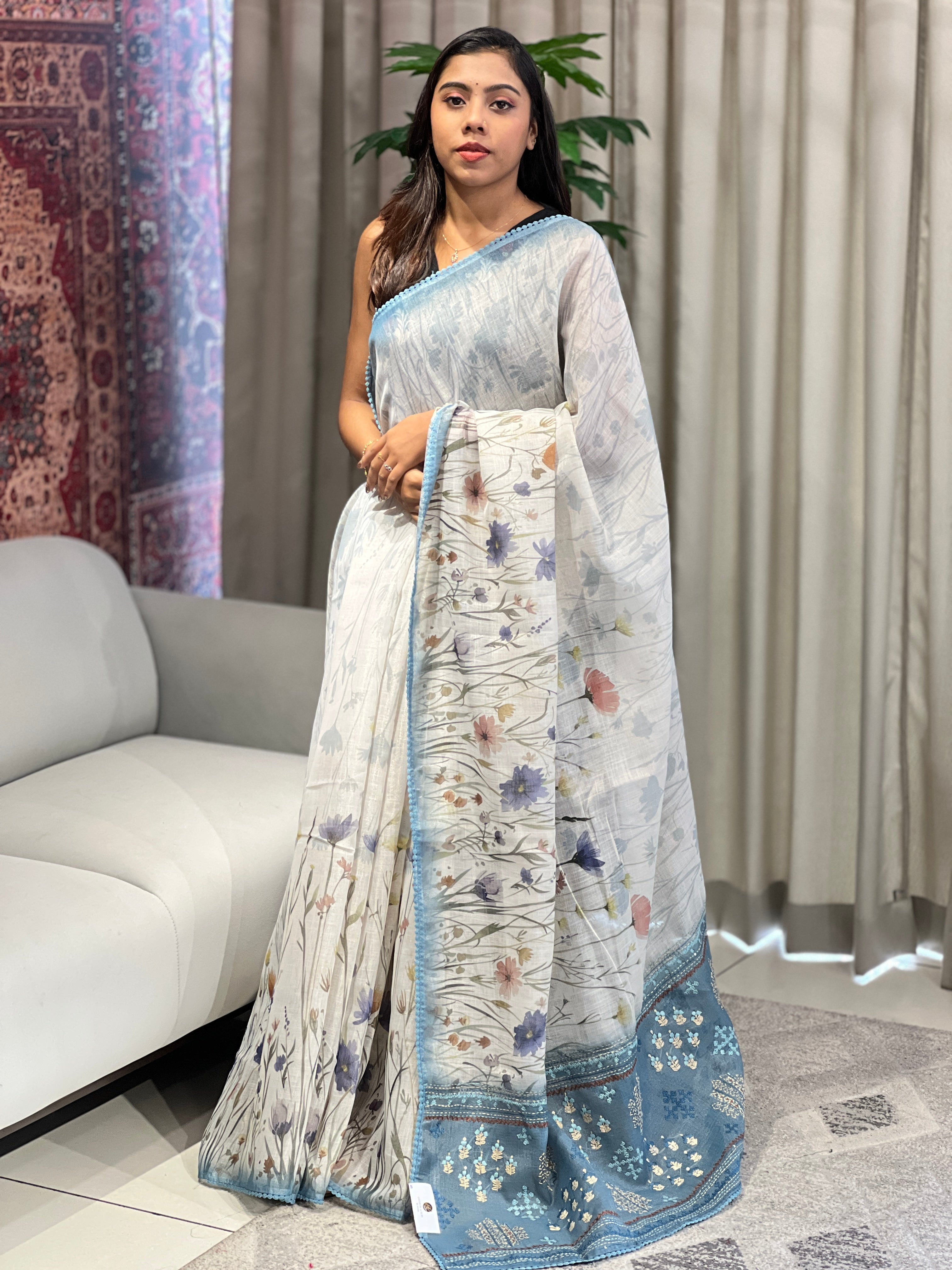 Floral Print & Hand Embroidery Detailed Tissue Linen Saree | BLD1929