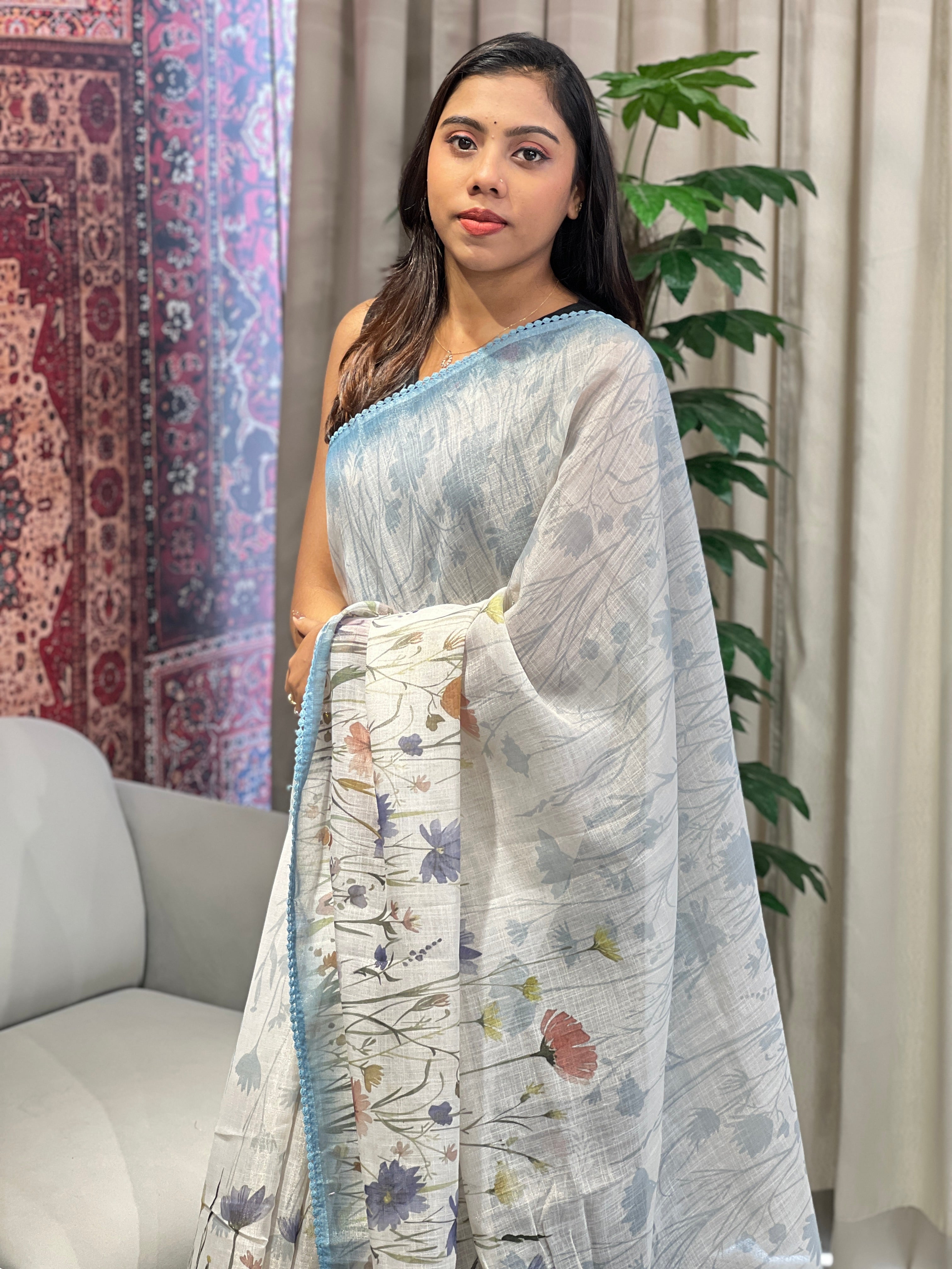 Floral Print & Hand Embroidery Detailed Tissue Linen Saree | BLD1929