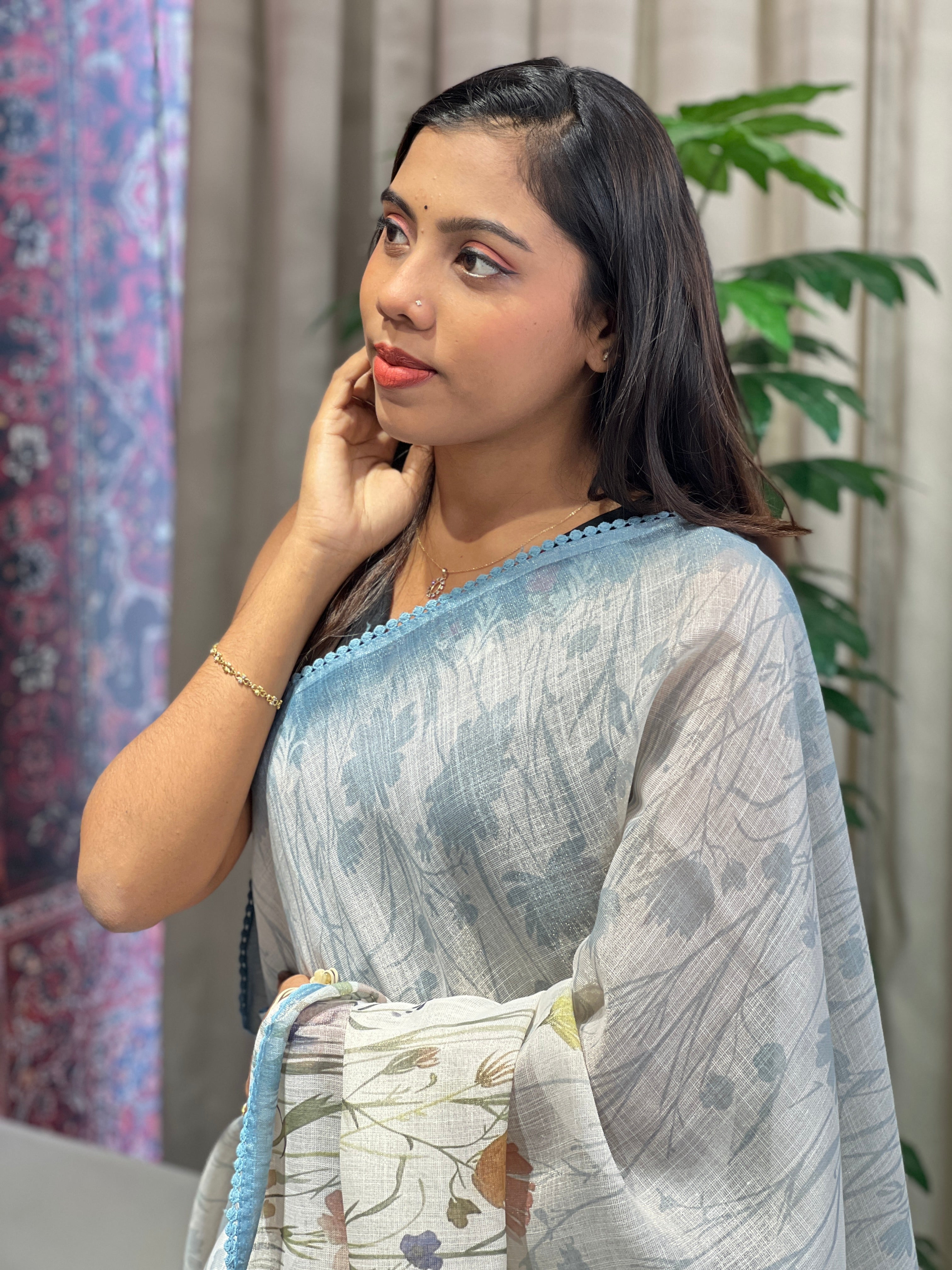 Floral Print & Hand Embroidery Detailed Tissue Linen Saree | BLD1929