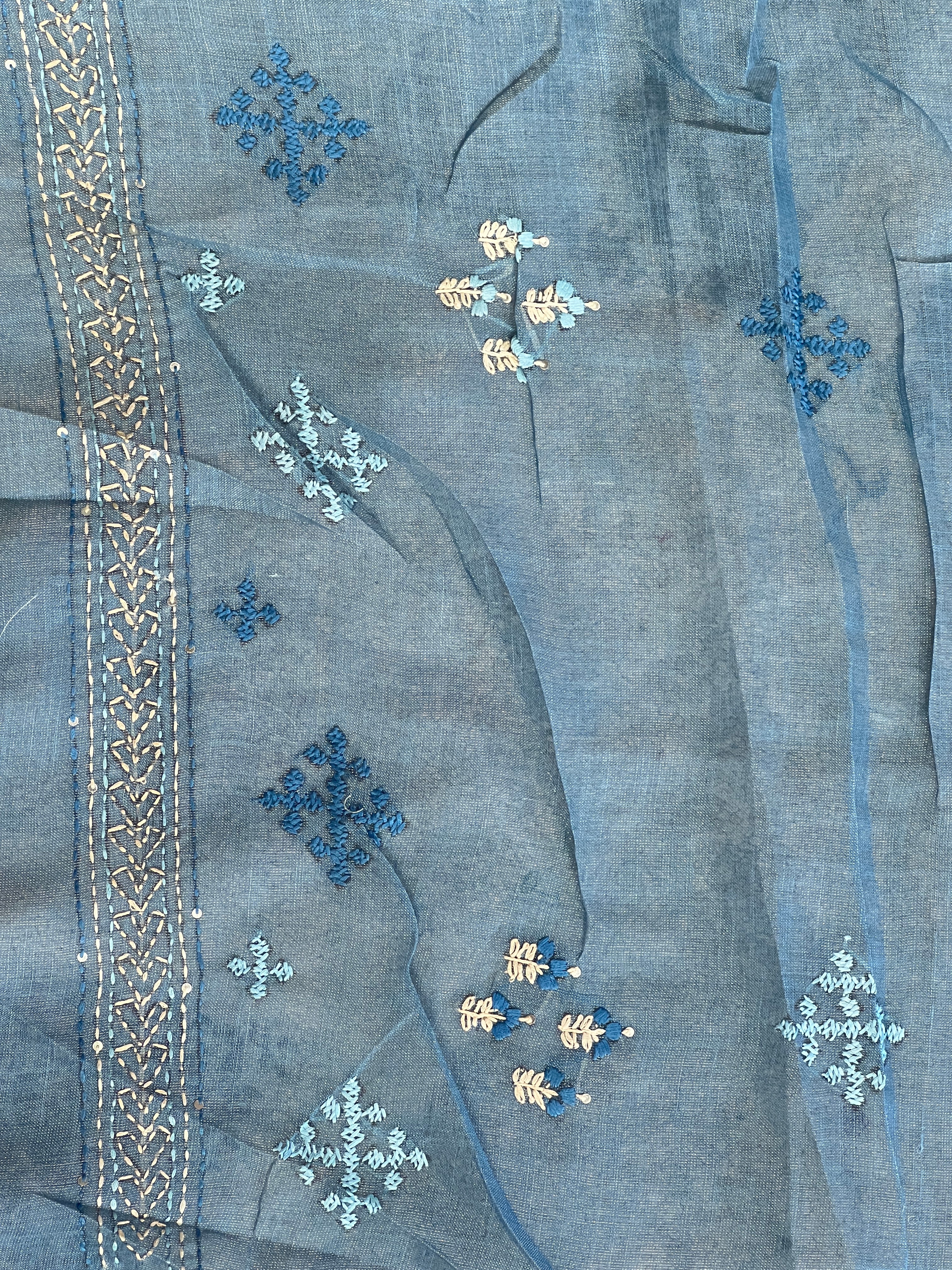 Floral Print & Hand Embroidery Detailed Tissue Linen Saree | BLD1929