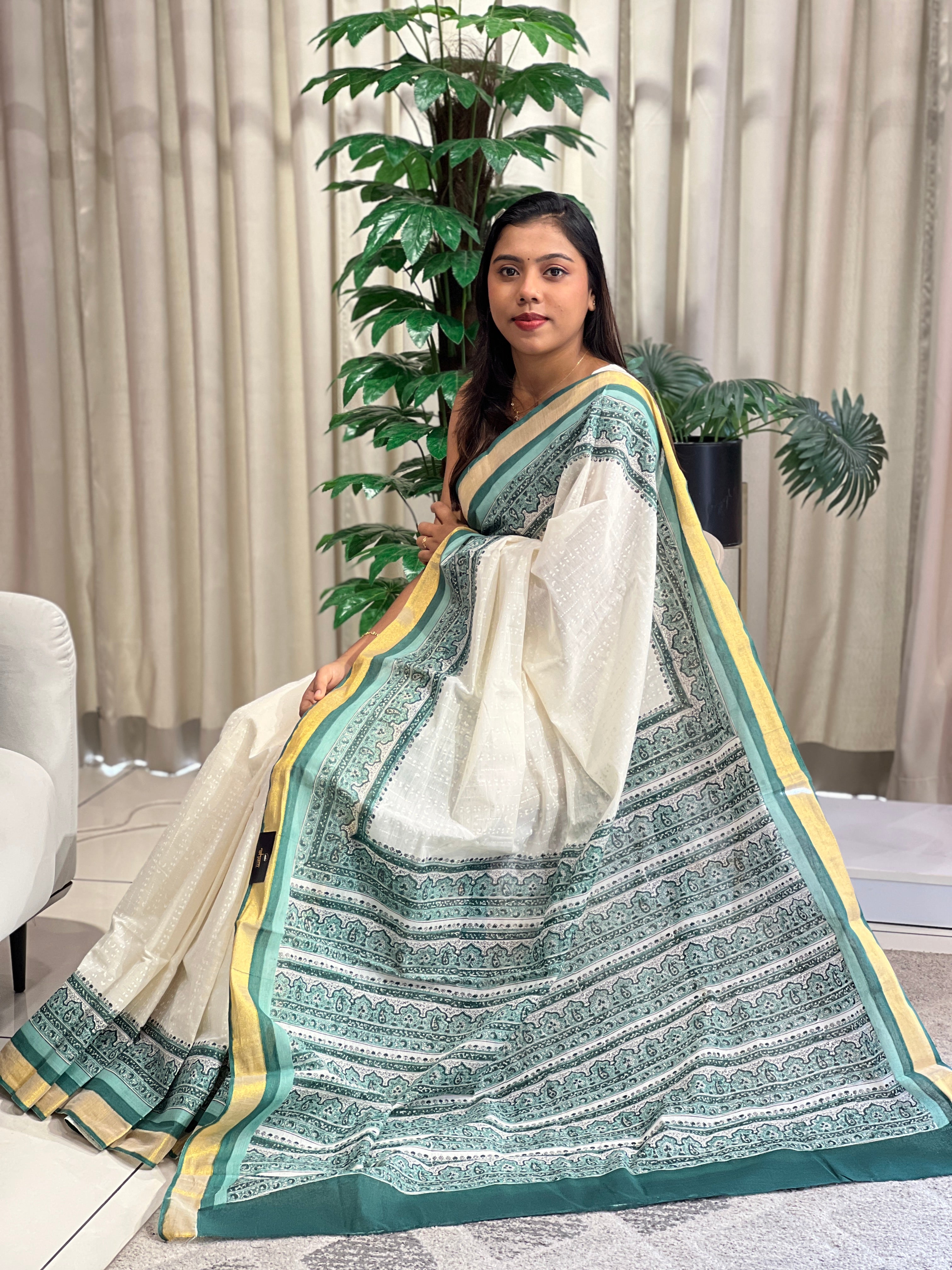 Paisley Design Hand Block Printed Kerala Cotton Saree | JSC324