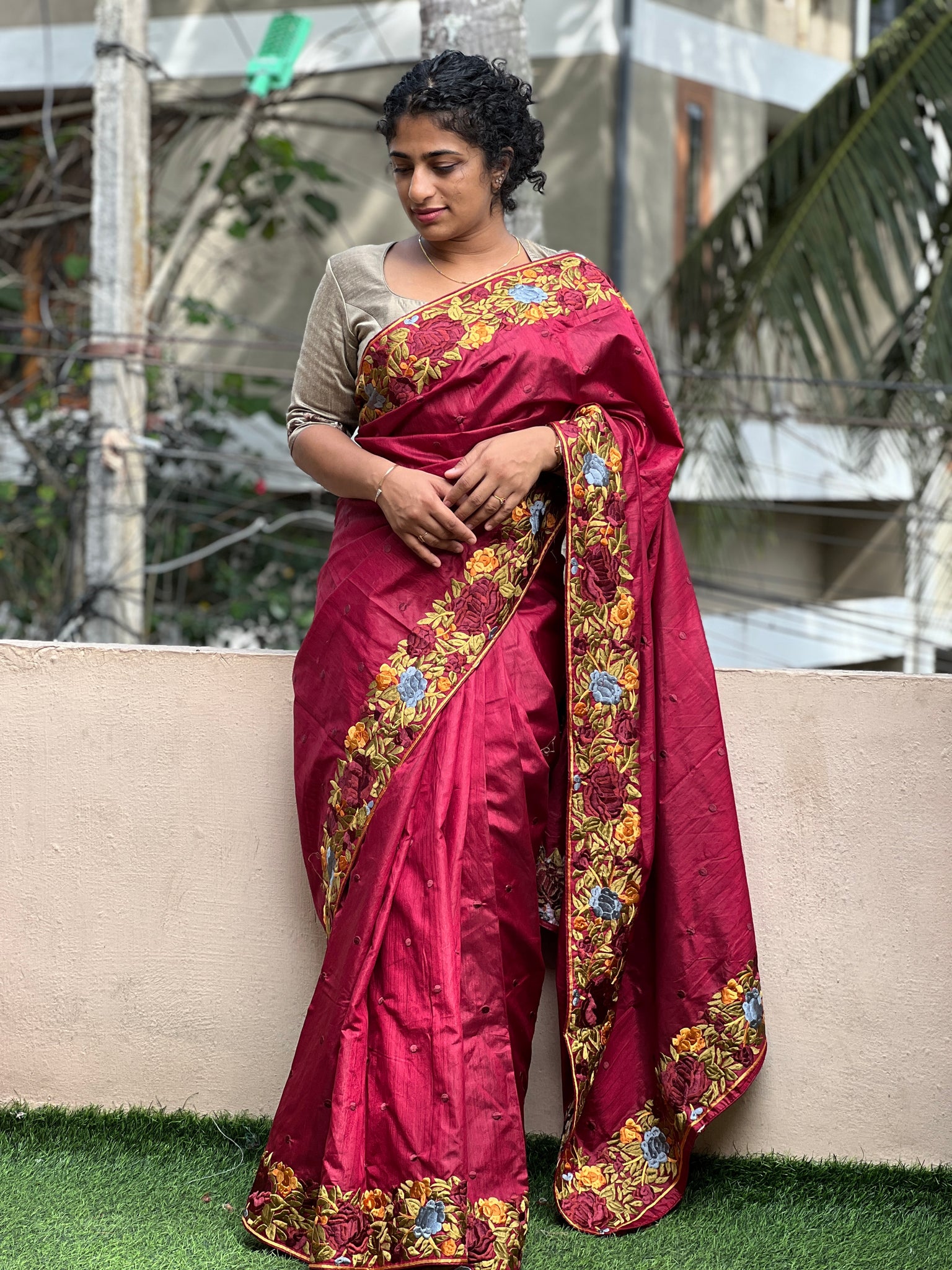 Red Zari and Aari Embroidered Silk Saree with Blouse - Kashmir Origin