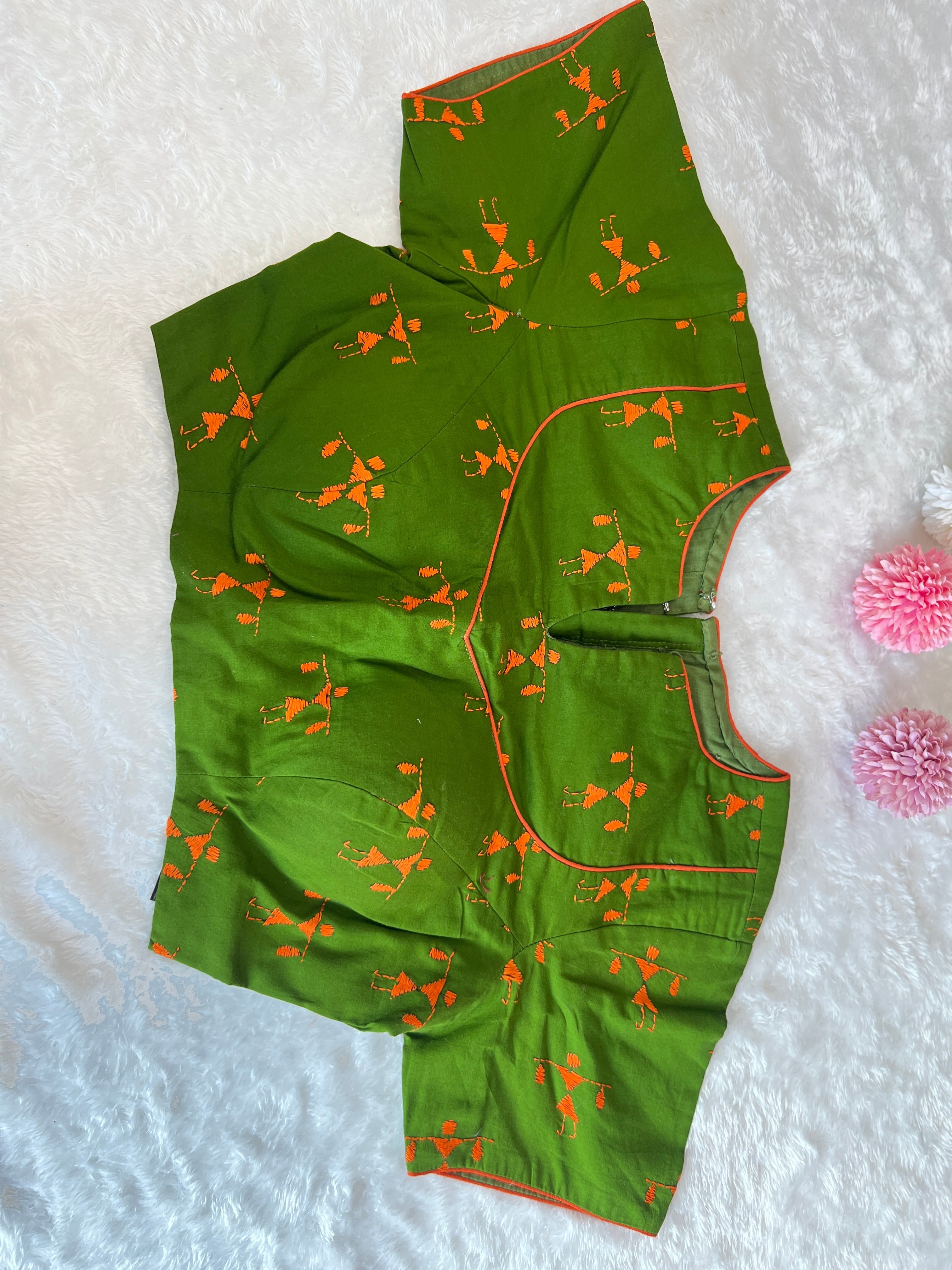 Warli Hand Embroidery Detailed Cotton Stitched Blouse | DNB120