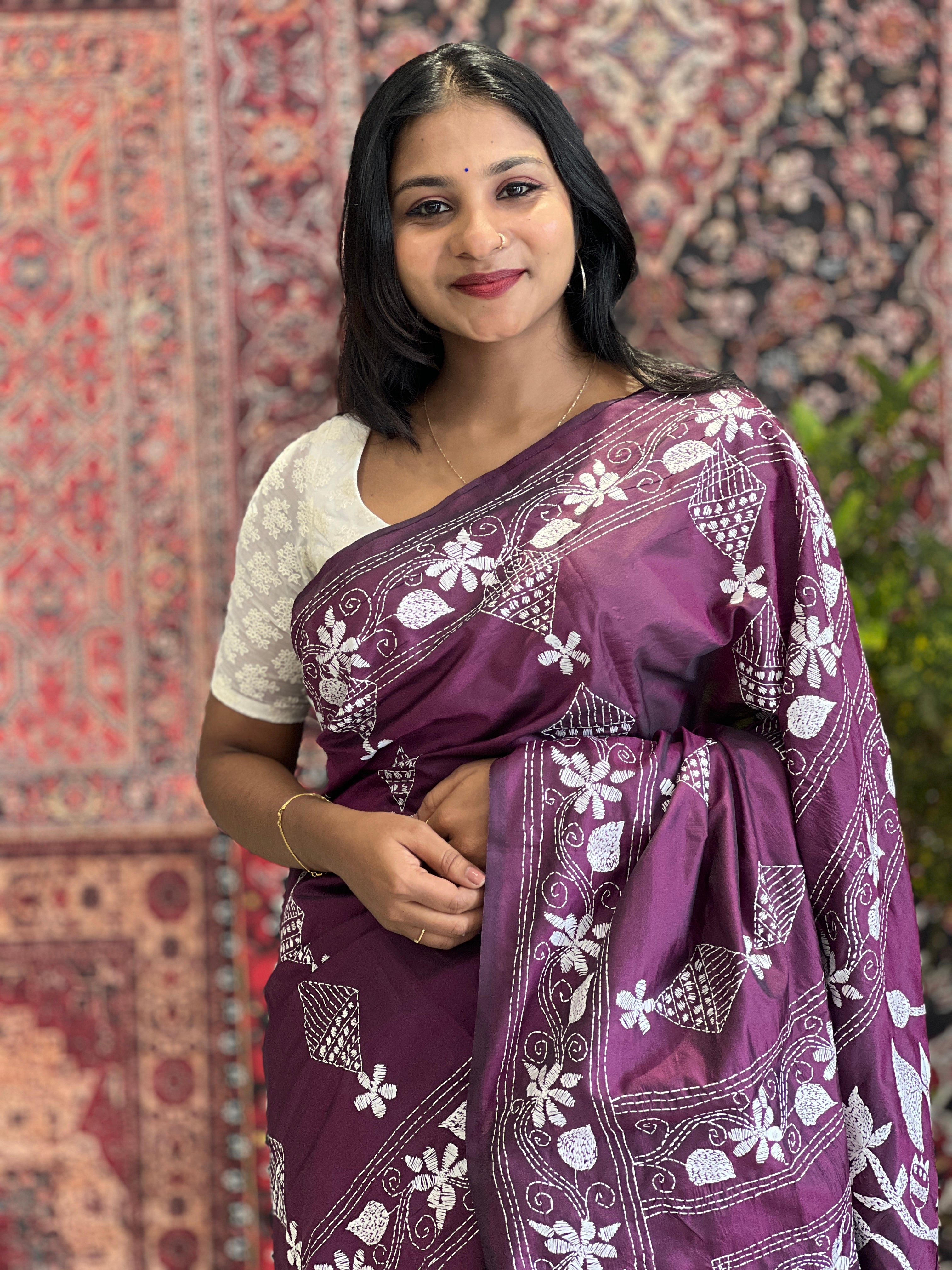 Hand Kantha Embroidered Silk Blend Saree | AYD119