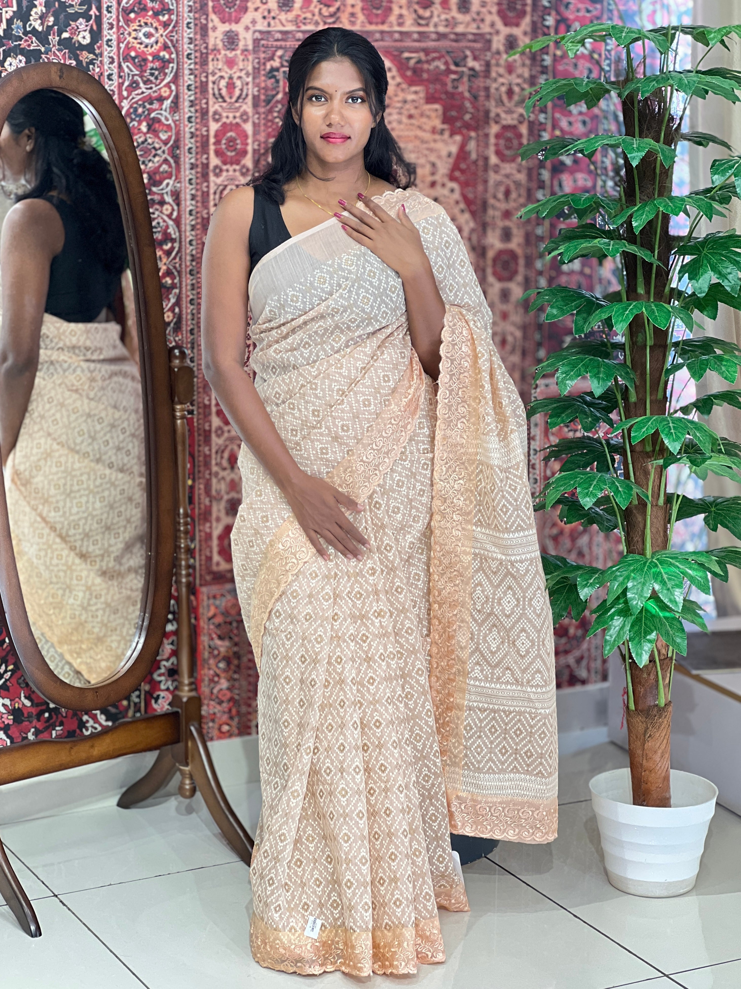 Foil Paint Highlight With Embroidery Detailed Cotton Linen Saree | VDA137