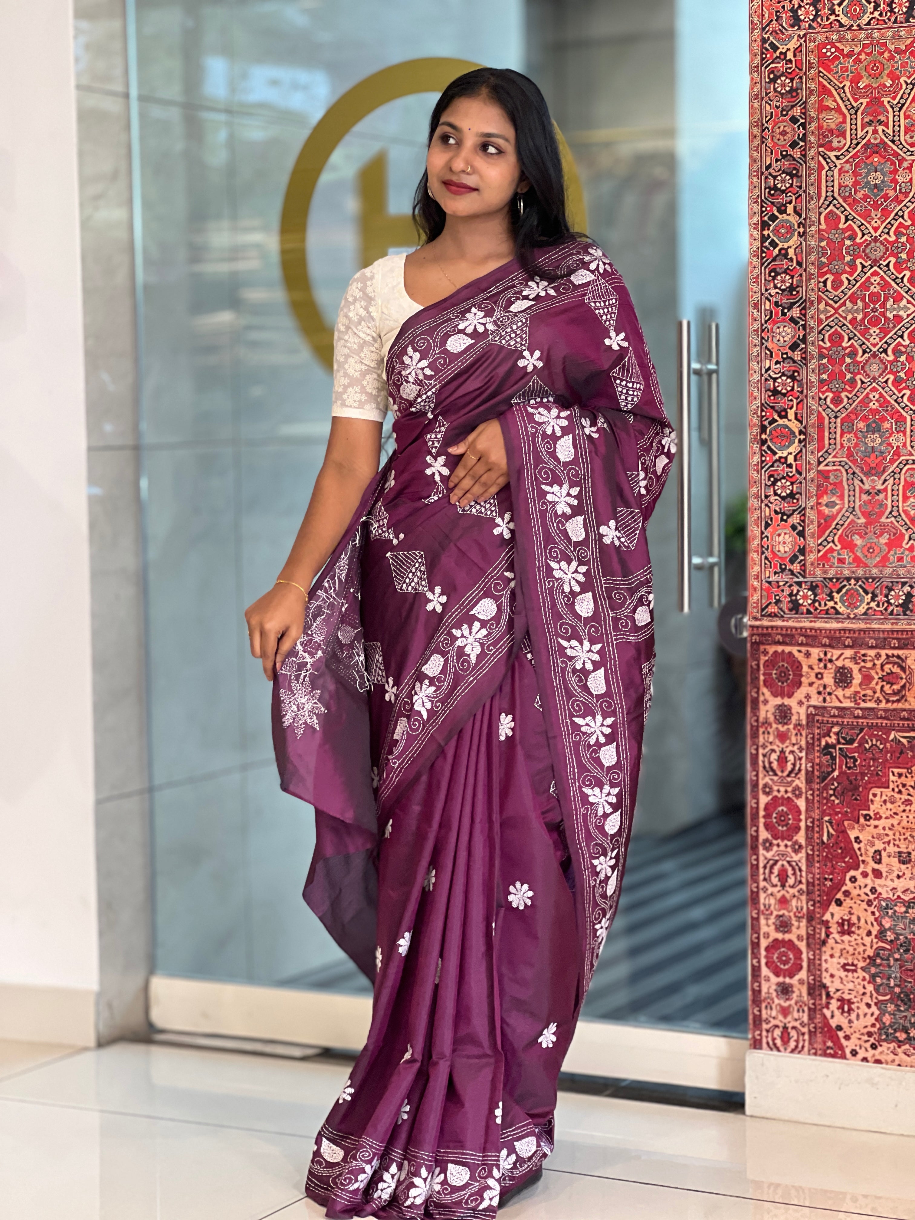 Hand Kantha Embroidered Silk Blend Saree | AYD119