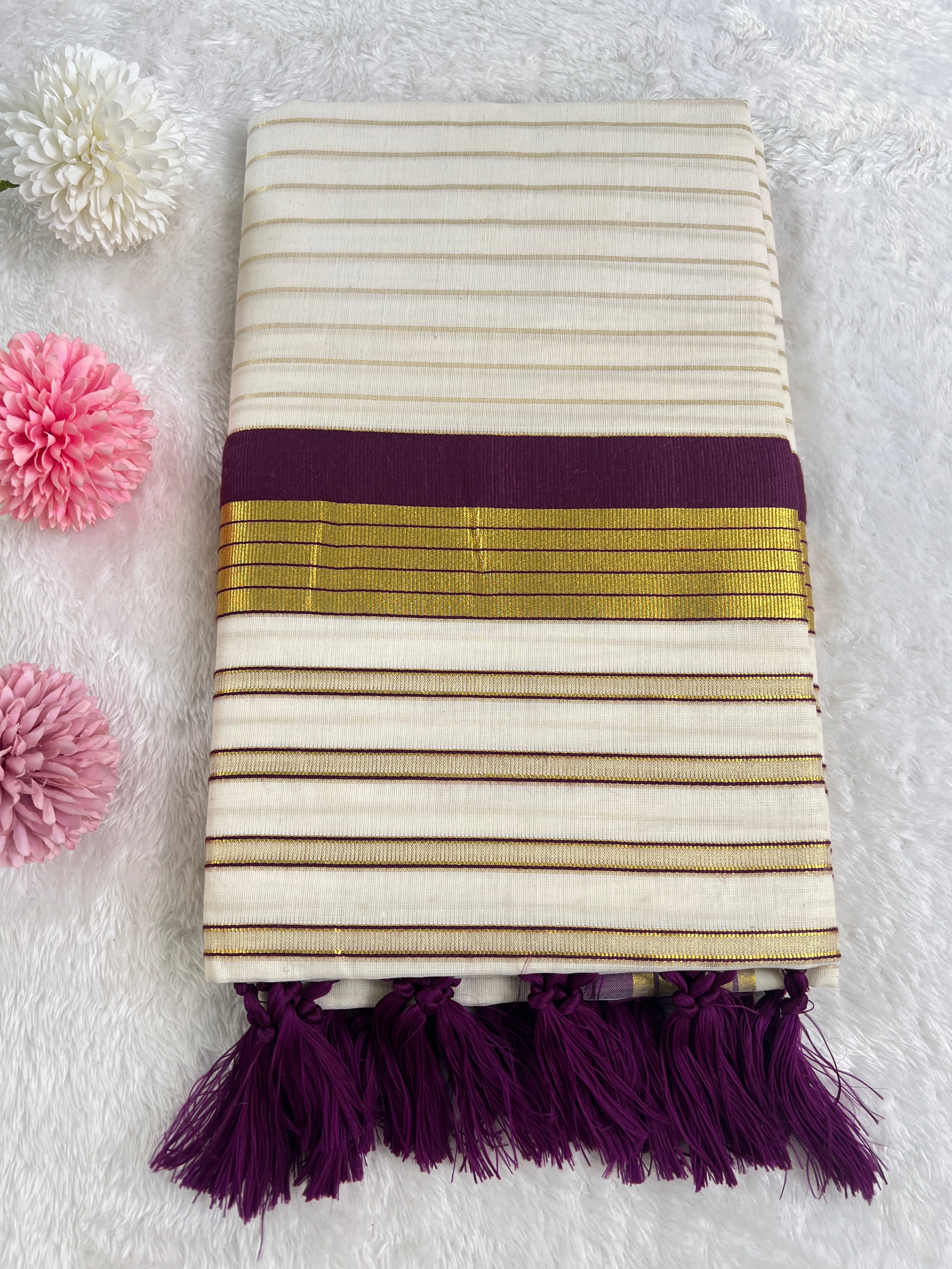 Golden Kasavu Pattern Border Kerala Cotton Saree | GAT529
