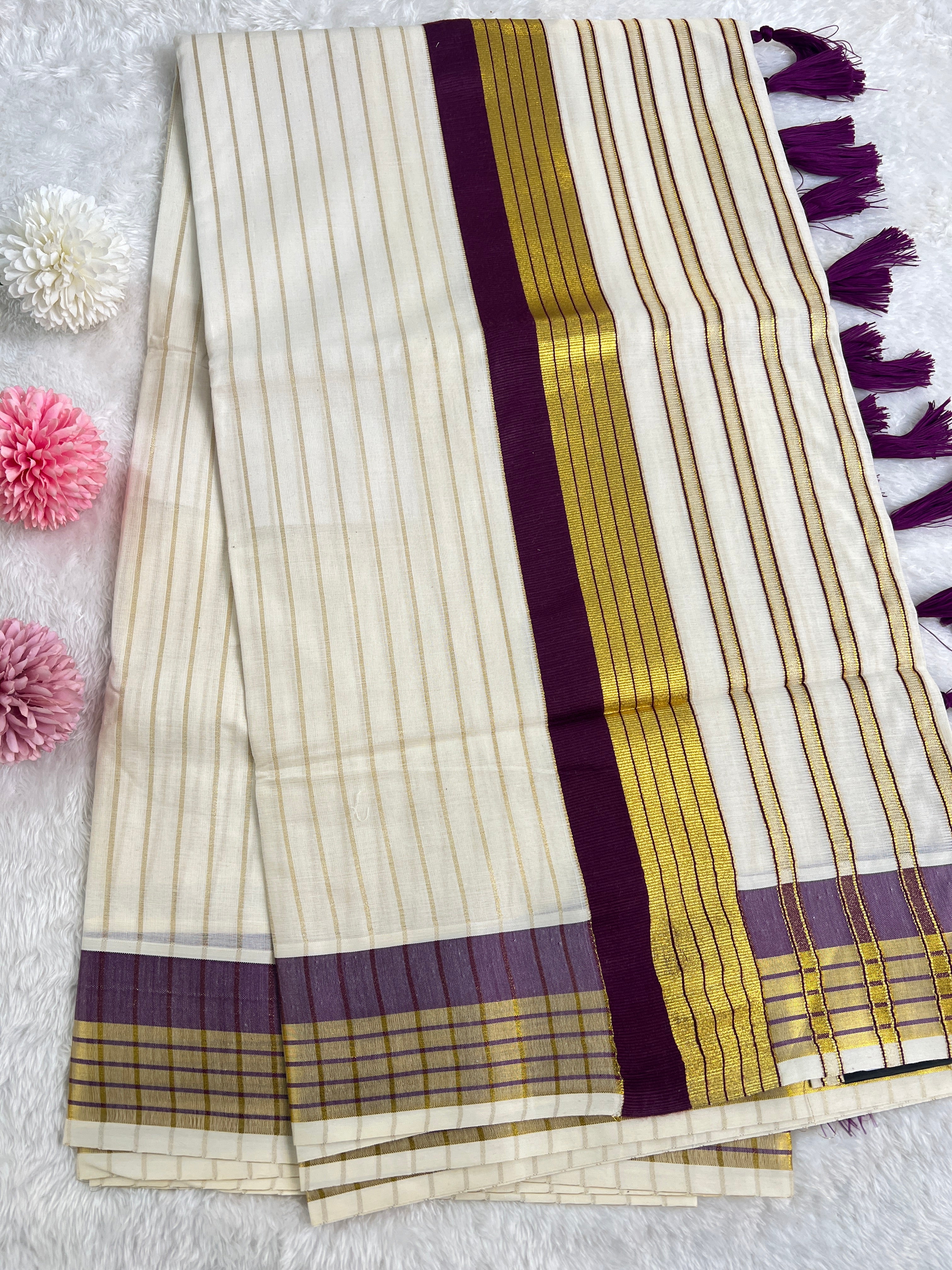 Golden Kasavu Pattern Border Kerala Cotton Saree | GAT529