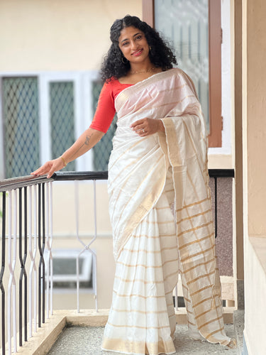 Horizontal Stripe Weaving Bhagalpuri Linen Saree | NHH231