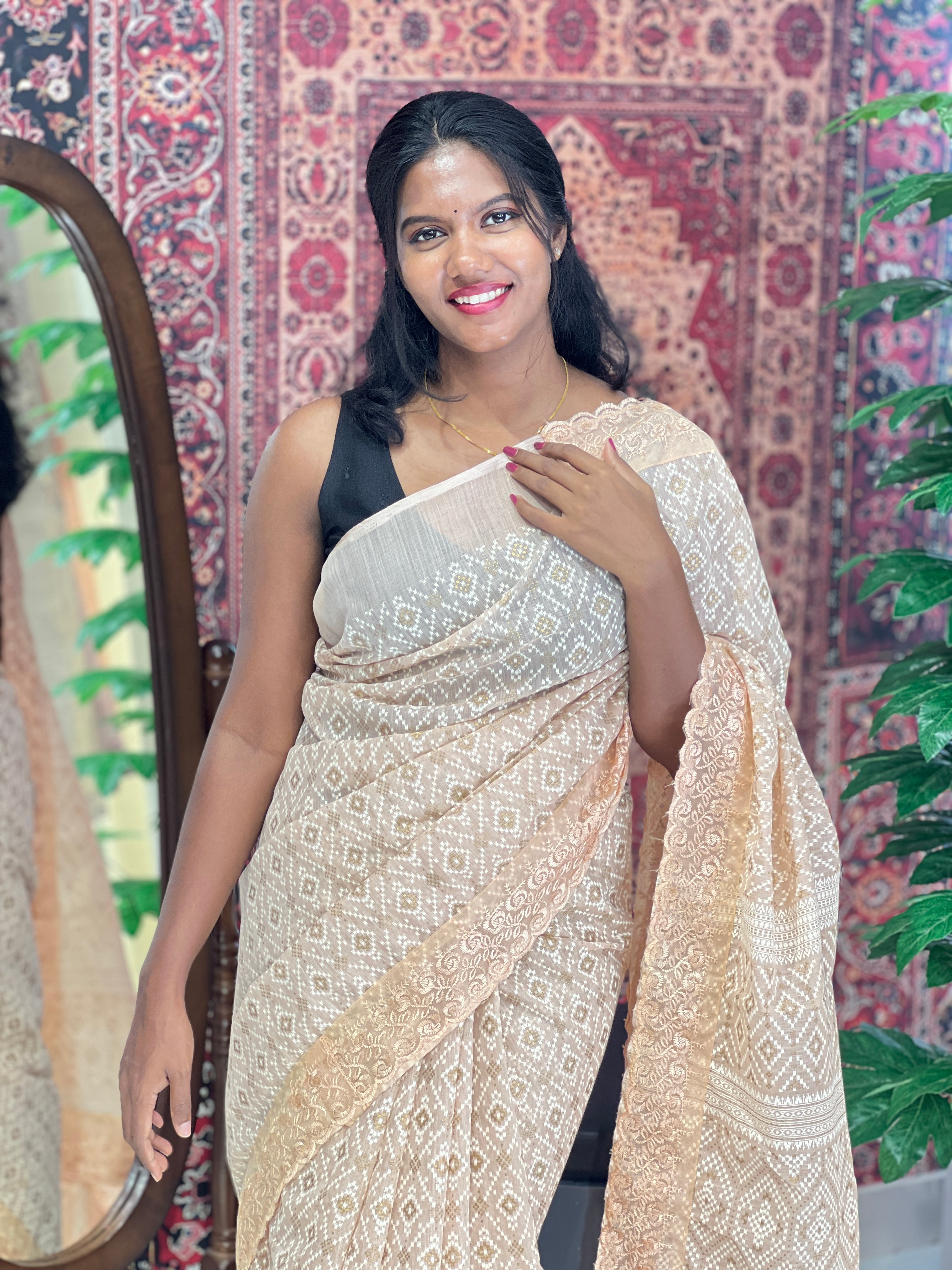 Foil Paint Highlight With Embroidery Detailed Cotton Linen Saree | VDA137
