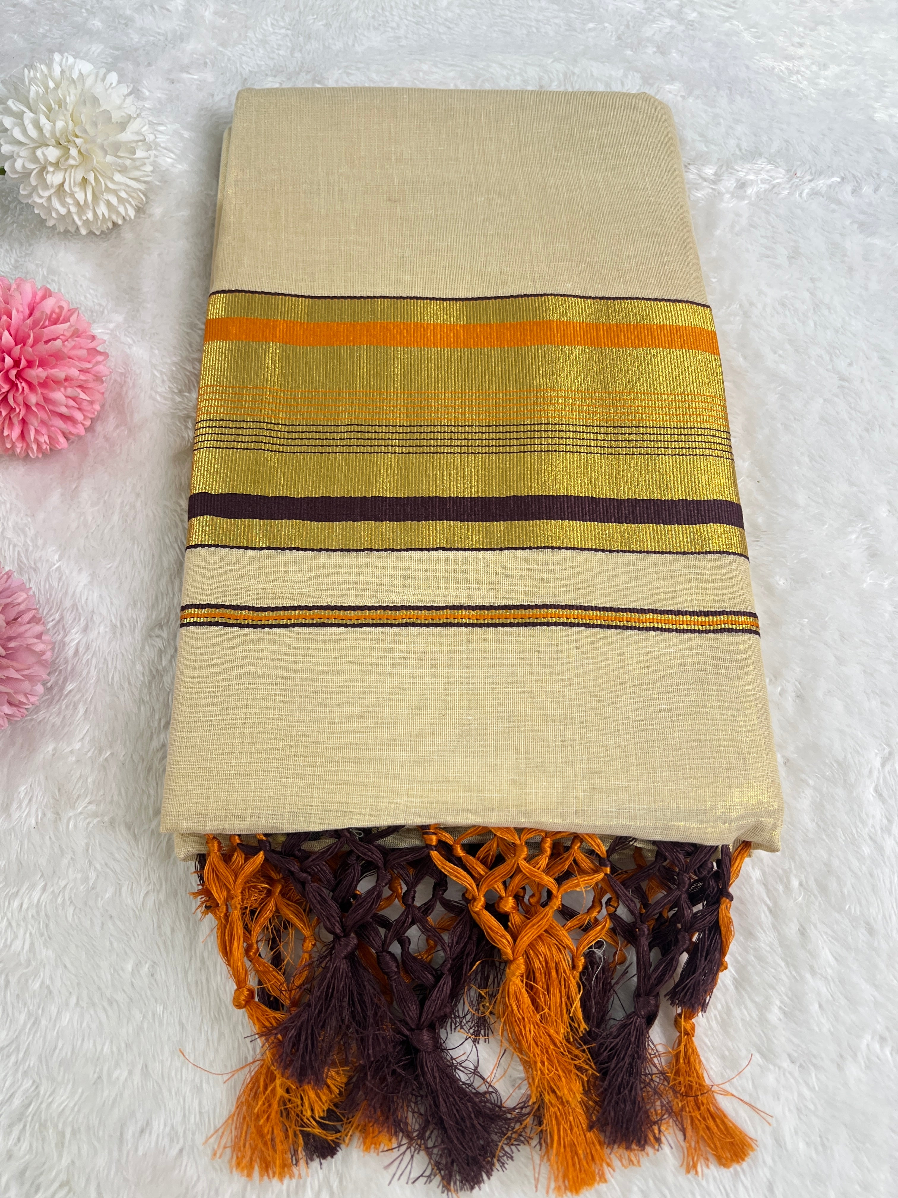 Golden Kasavu Pattern Tissue Saree | GAT473
