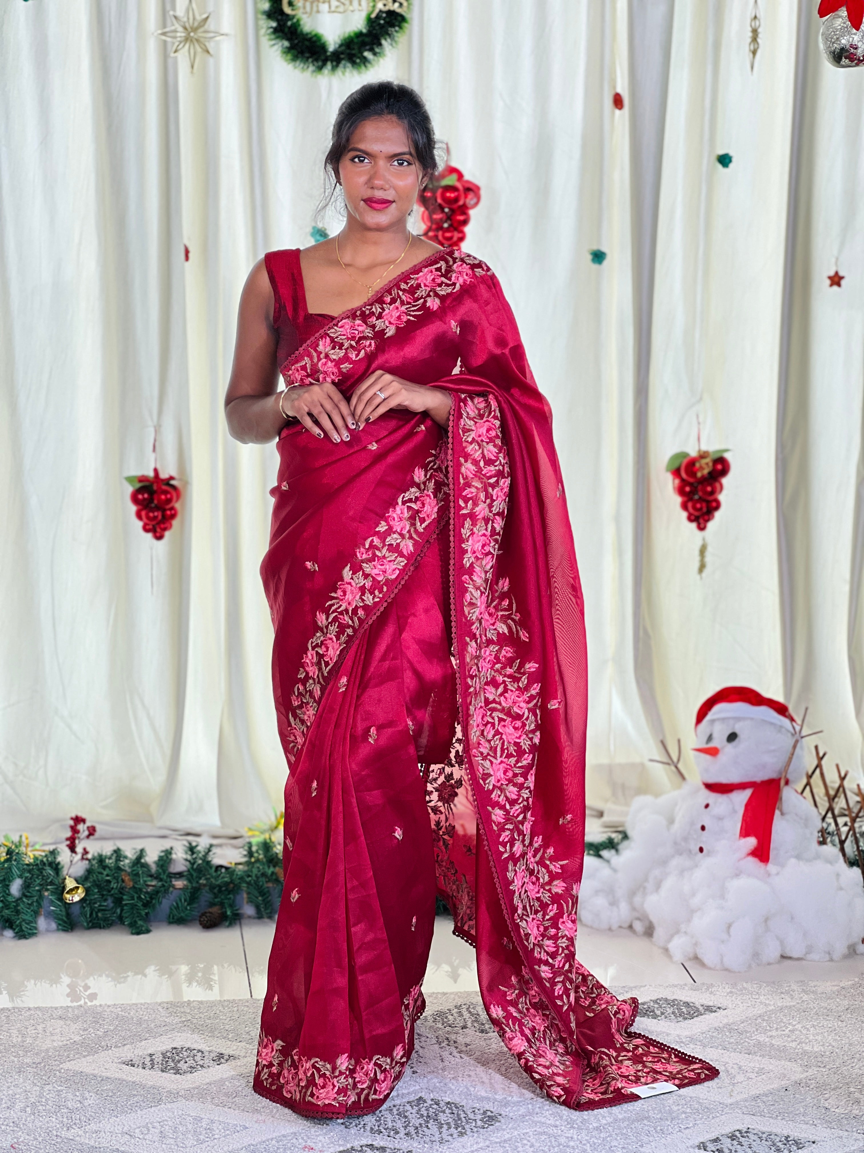 Floral Cross Stitch Embroidered Viscose Organza Saree | BLD1973