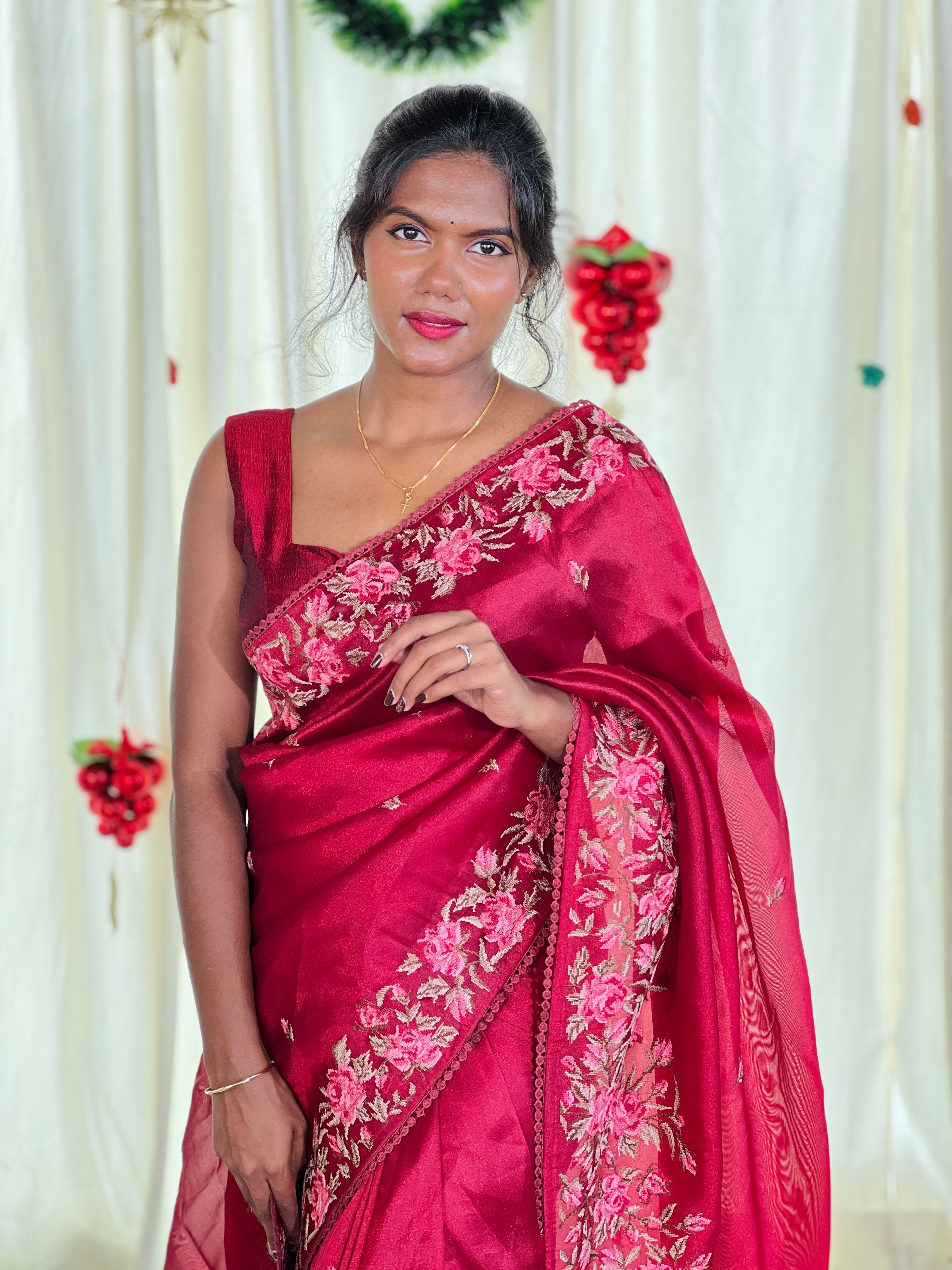 Floral Cross Stitch Embroidered Viscose Organza Saree | BLD1973