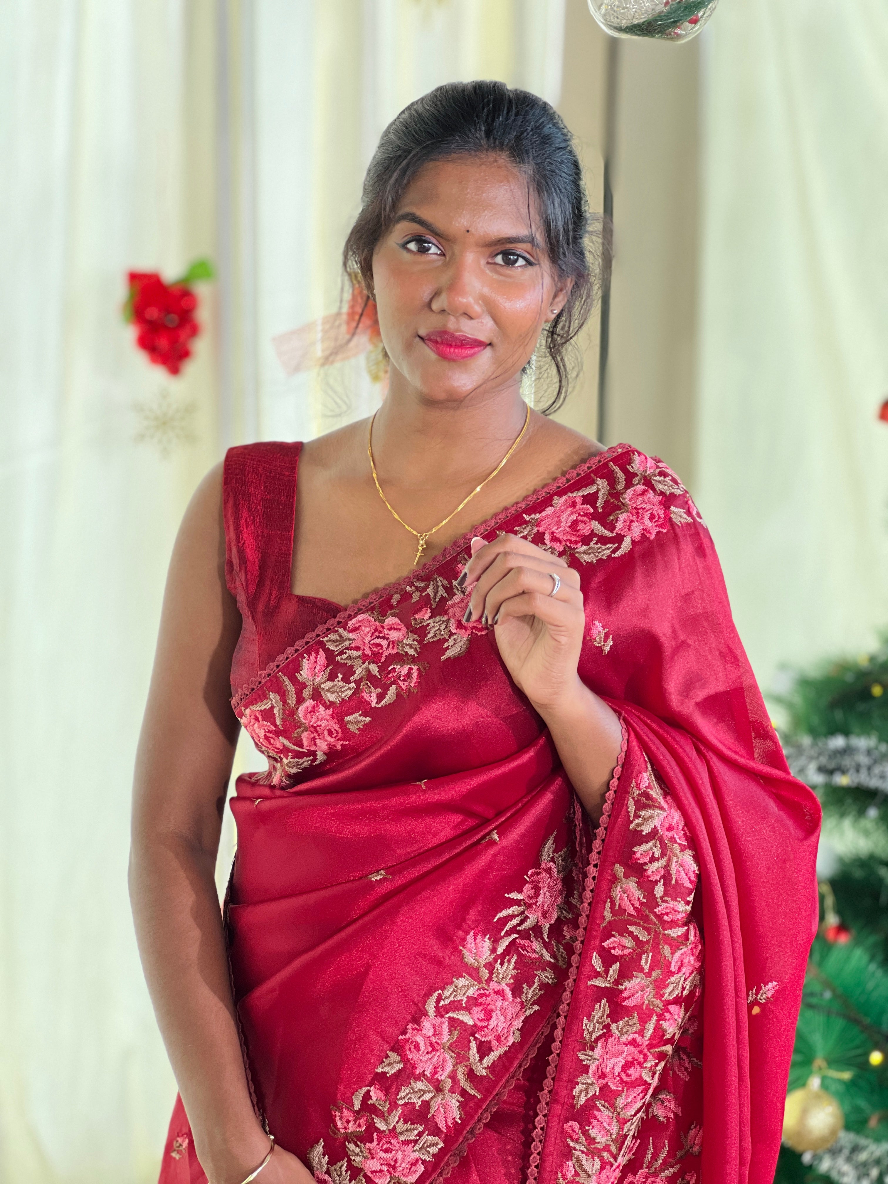 Floral Cross Stitch Embroidered Viscose Organza Saree | BLD1973