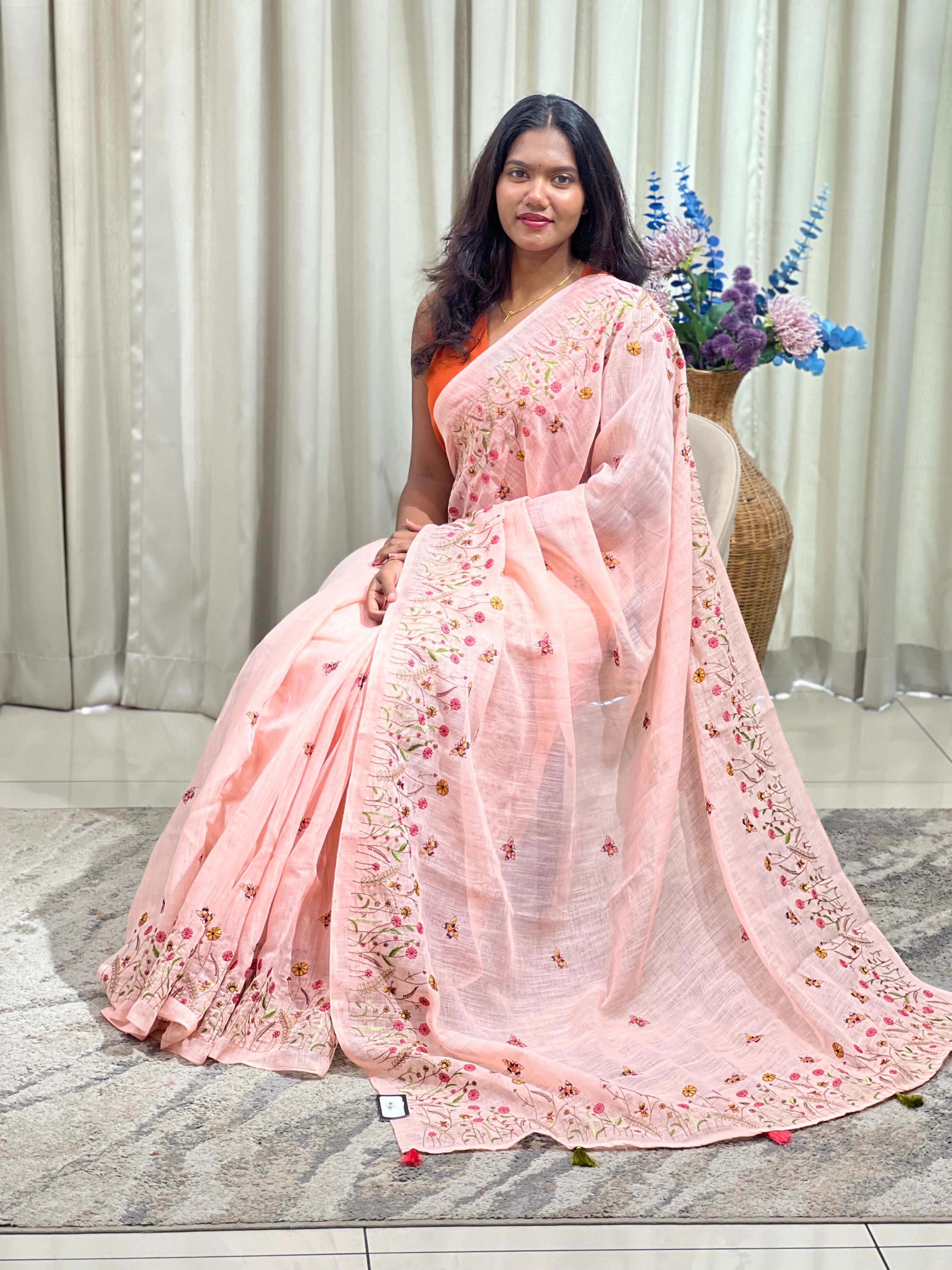 Floral Machine Embroidery Semi Linen Saree | RP844