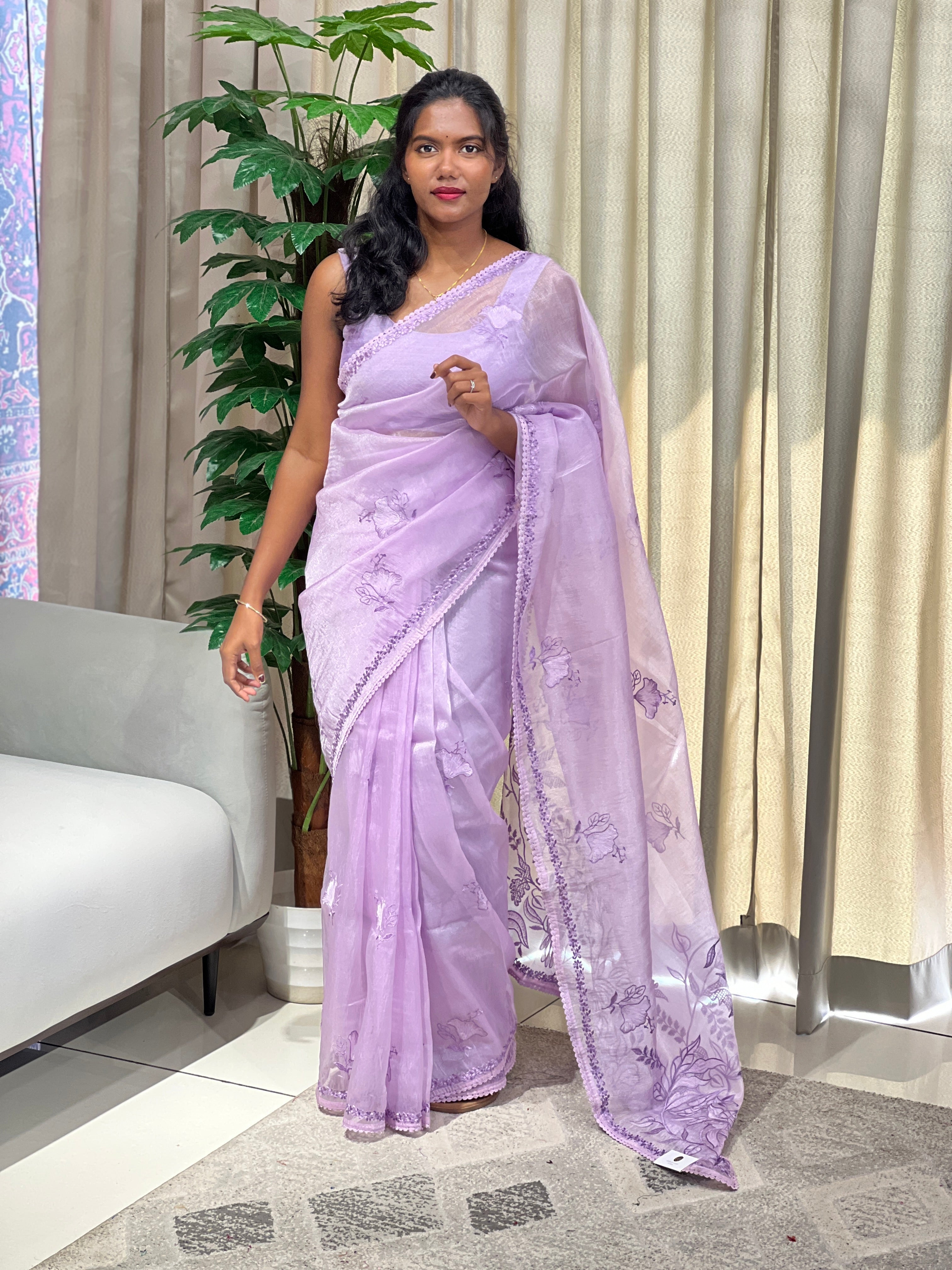 Floral Machine Embroidered Shimmer Organza Saree | BLD1982