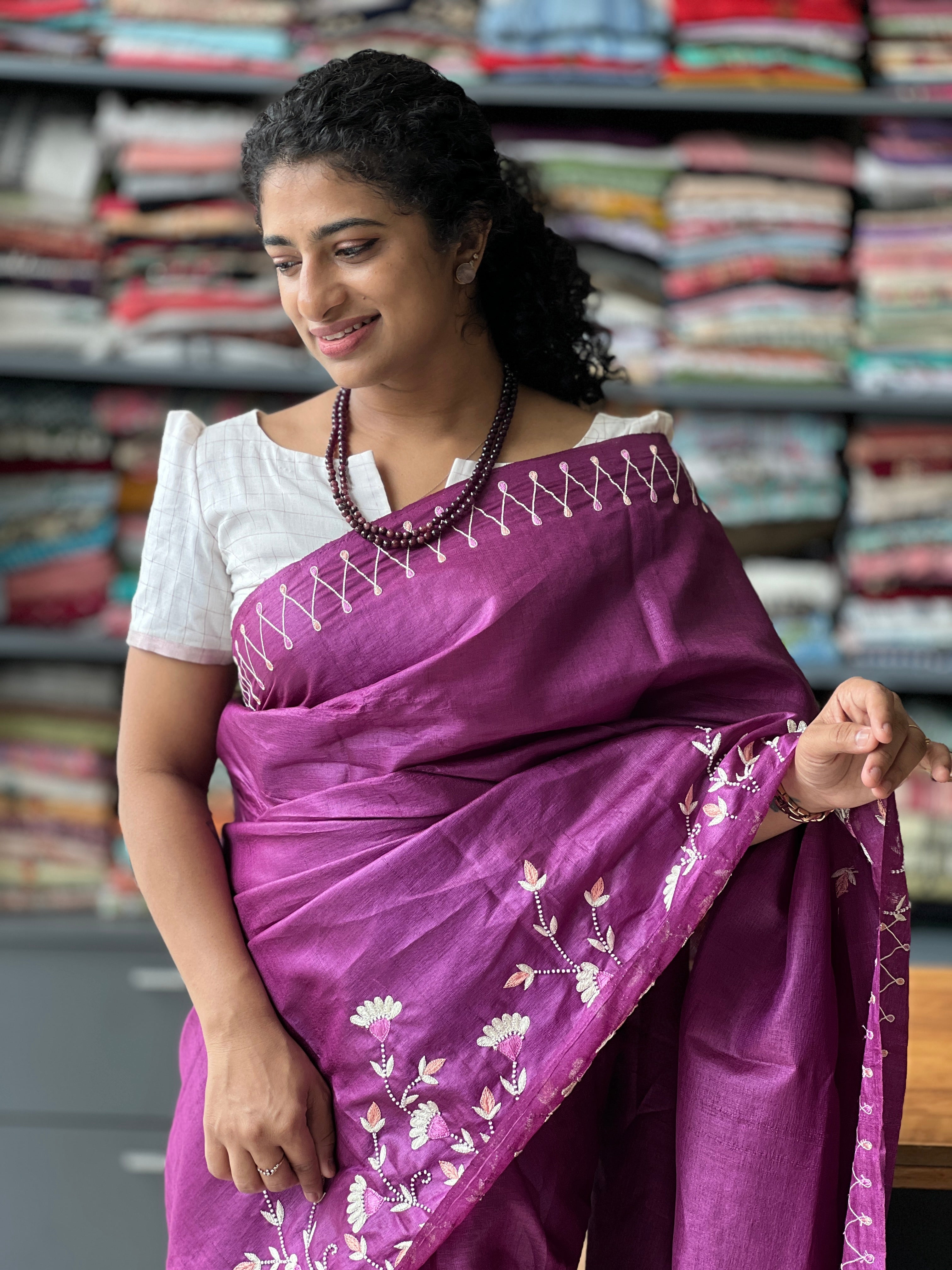 Hand Work  Floral Embroidery Pure Tussar Saree |  AH727