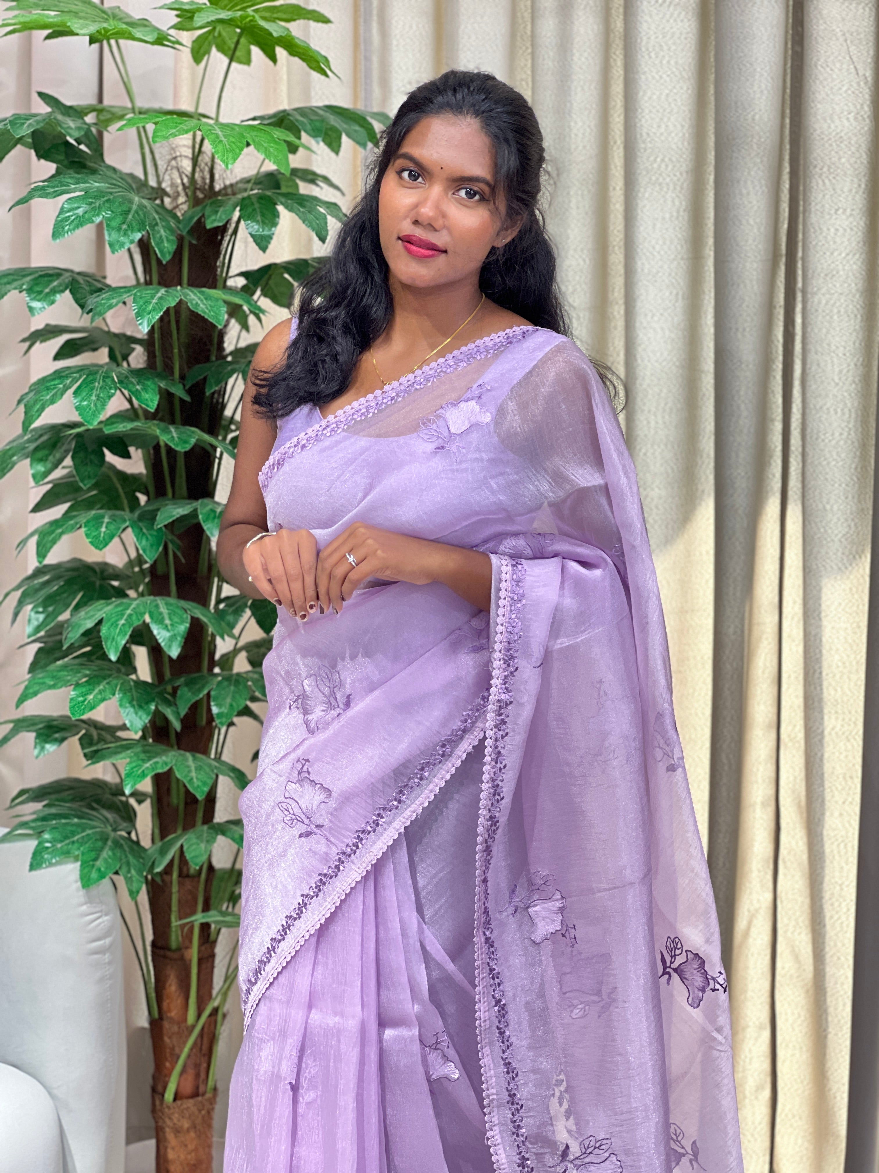 Floral Machine Embroidered Shimmer Organza Saree | BLD1982