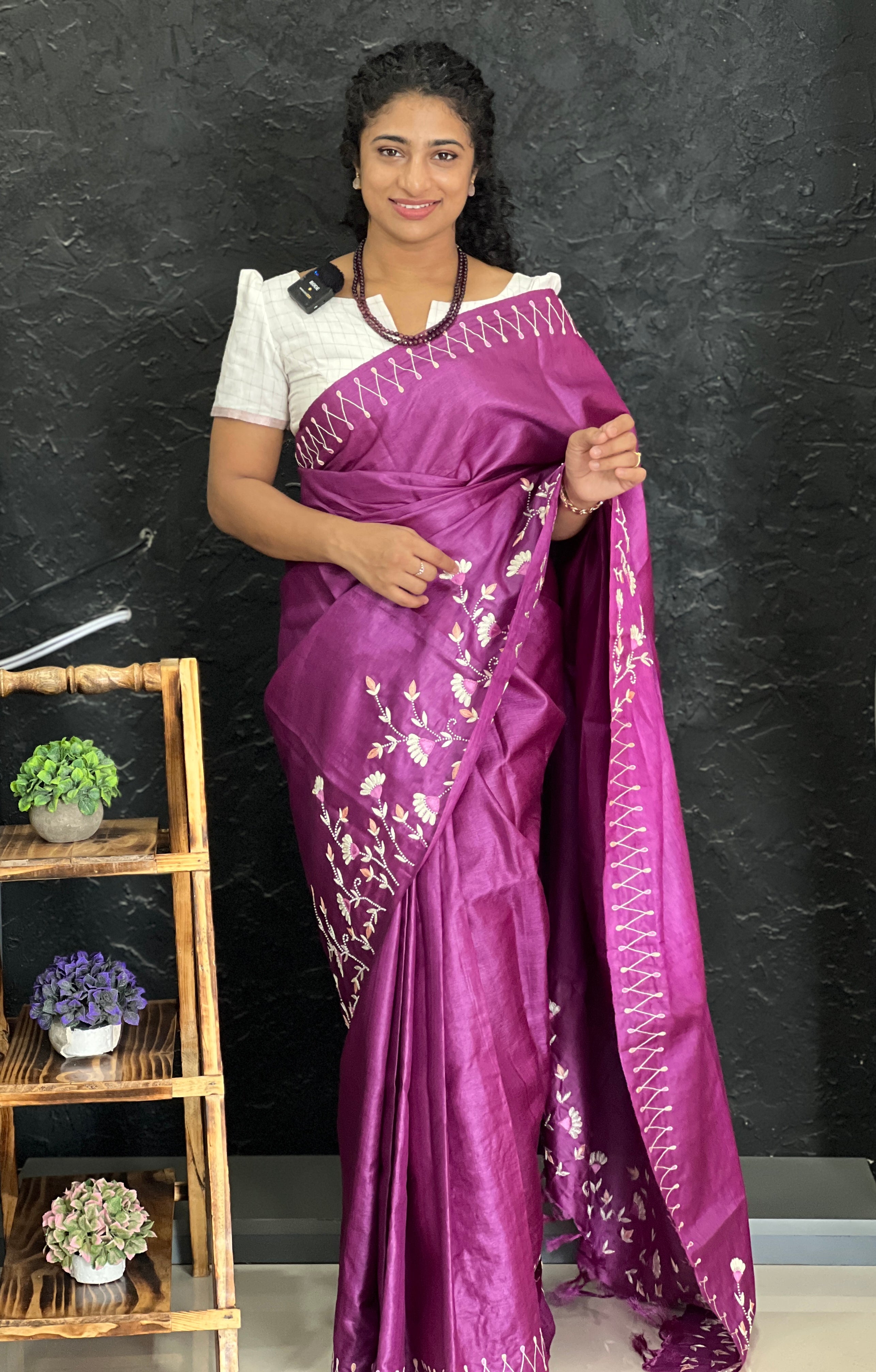 Hand Work  Floral Embroidery Pure Tussar Saree |  AH727