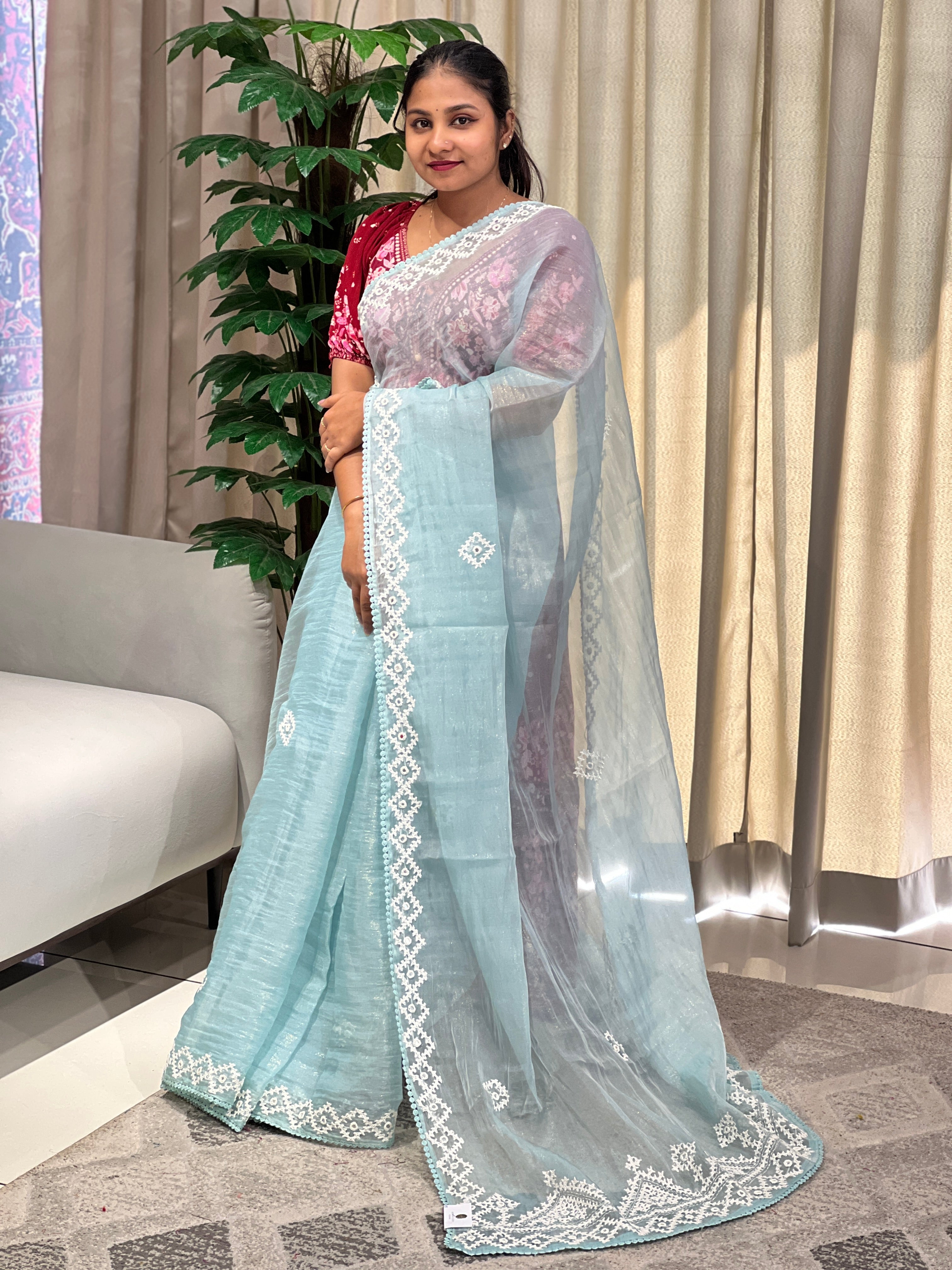 Kutch Work Detailed Crushed Tissue Organza Saree | BLD1914