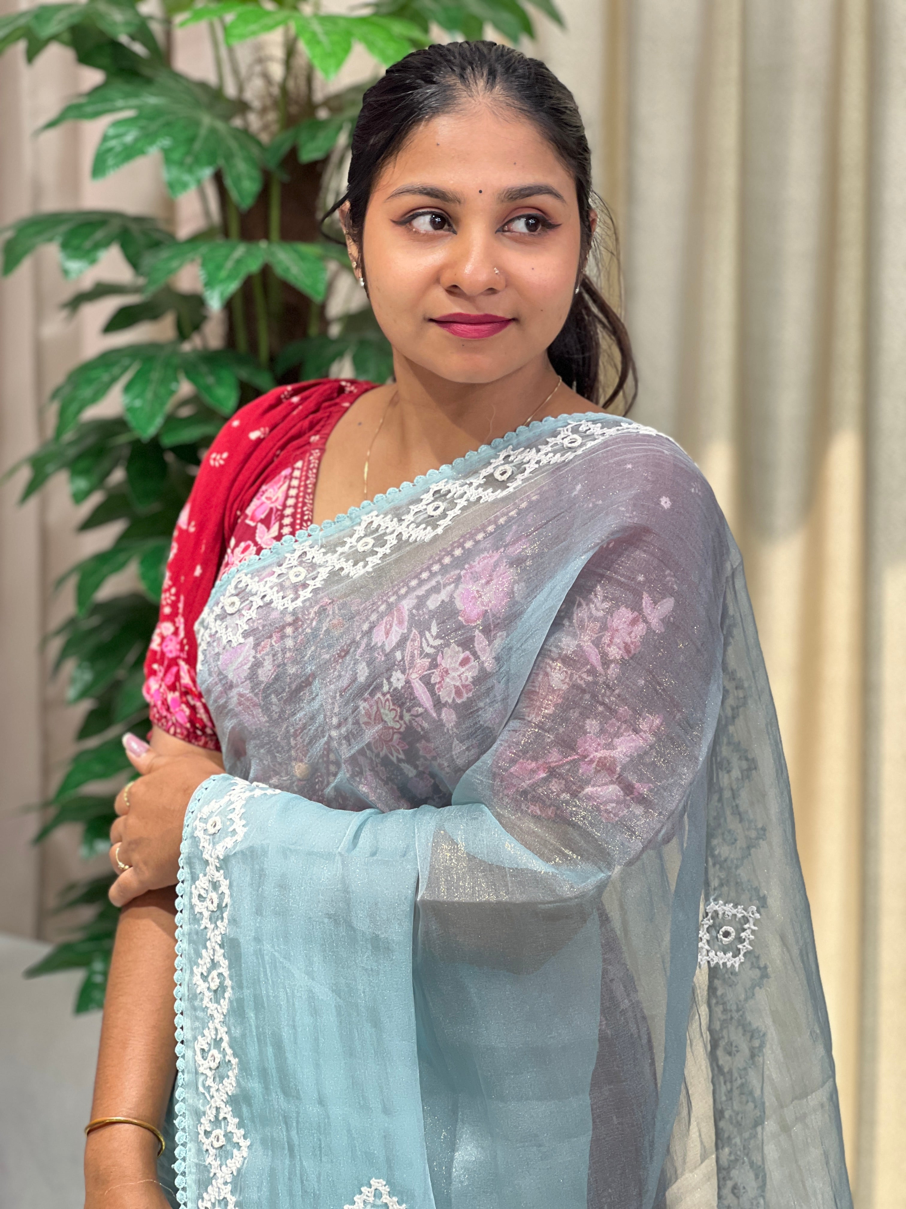 Kutch Work Detailed Crushed Tissue Organza Saree | BLD1914