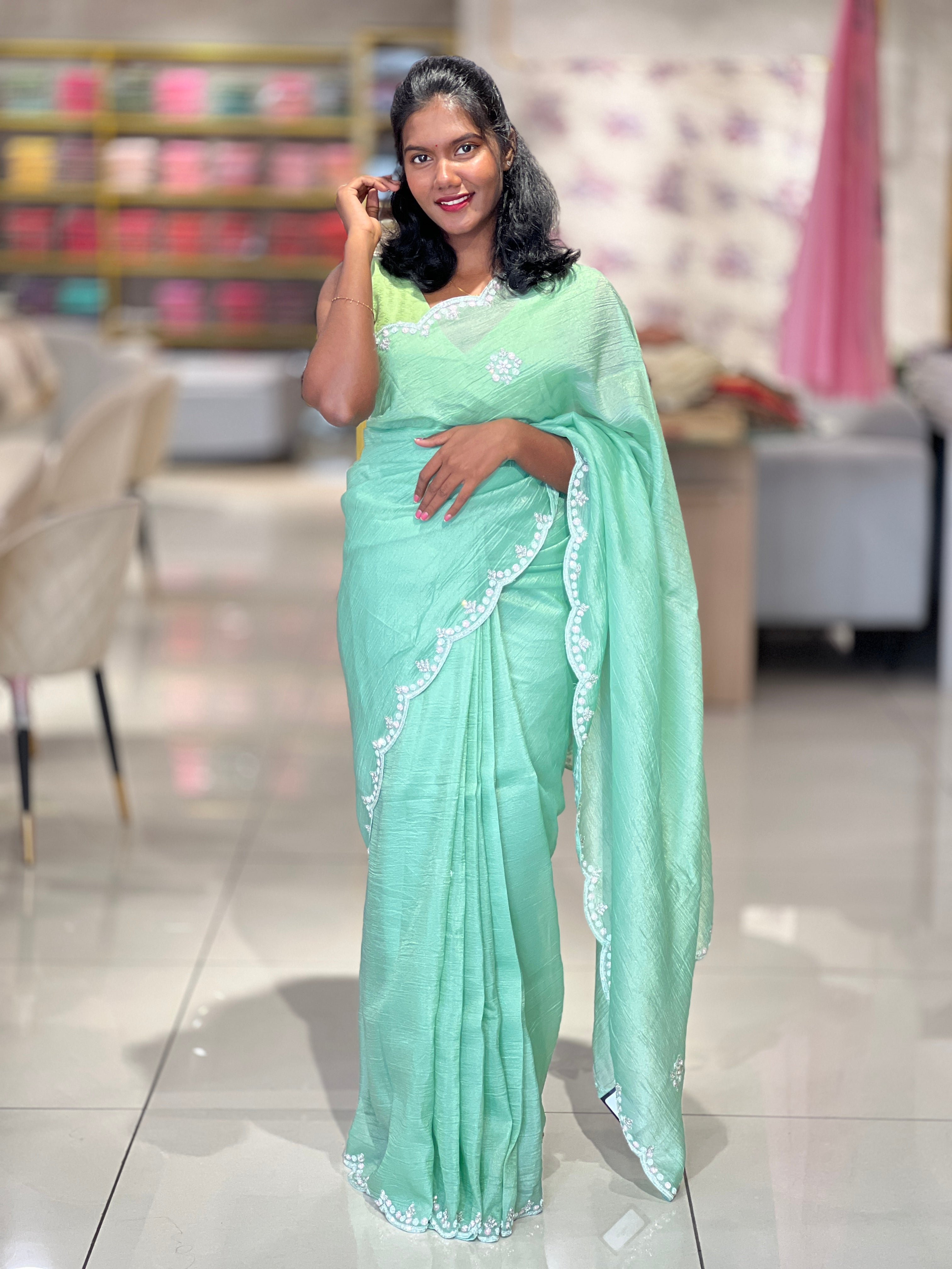 Sequence & Cut Beads Detailed Crushed Shimmer Organza Saree | SBP812