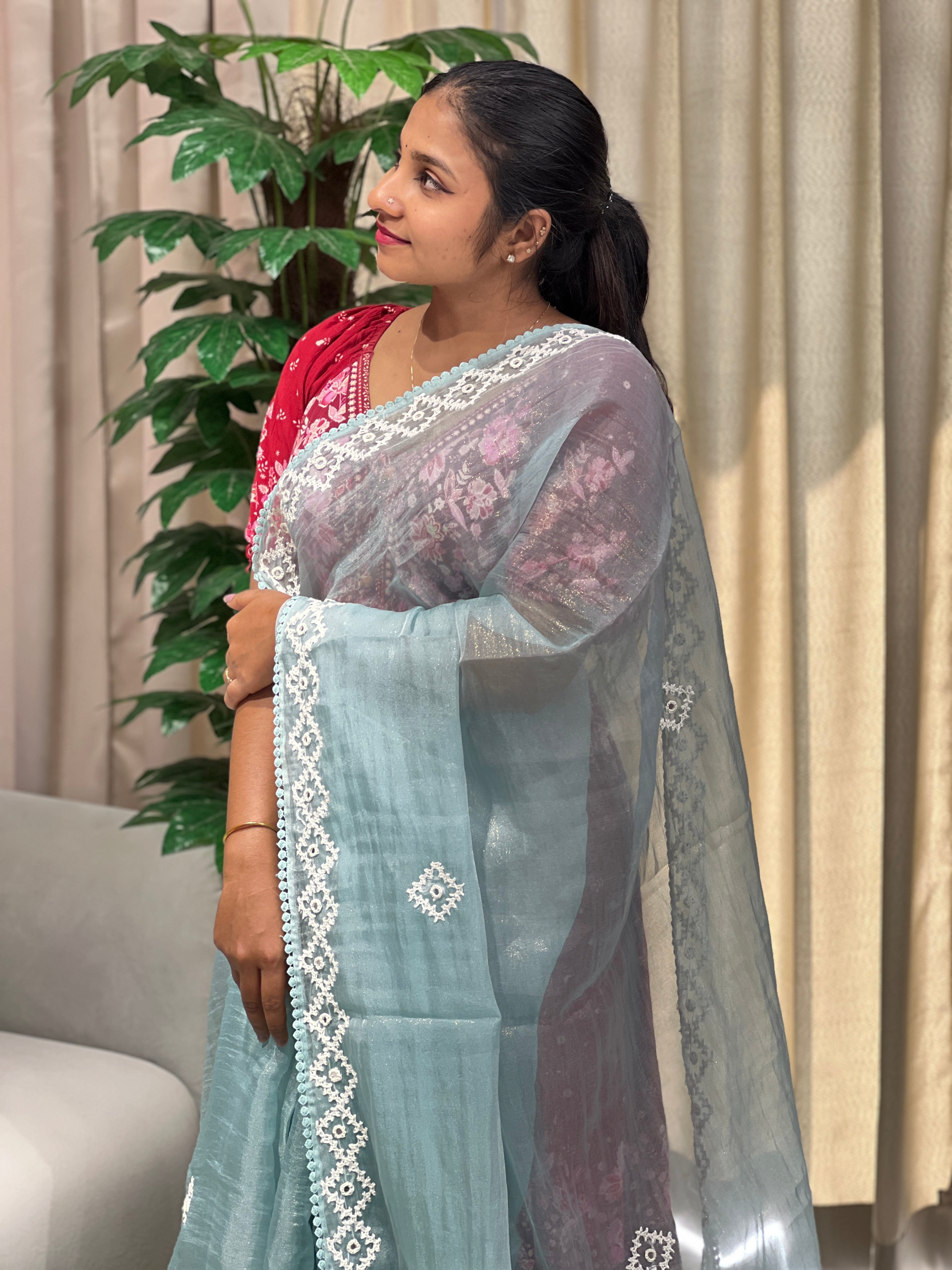 Kutch Work Detailed Crushed Tissue Organza Saree | BLD1914