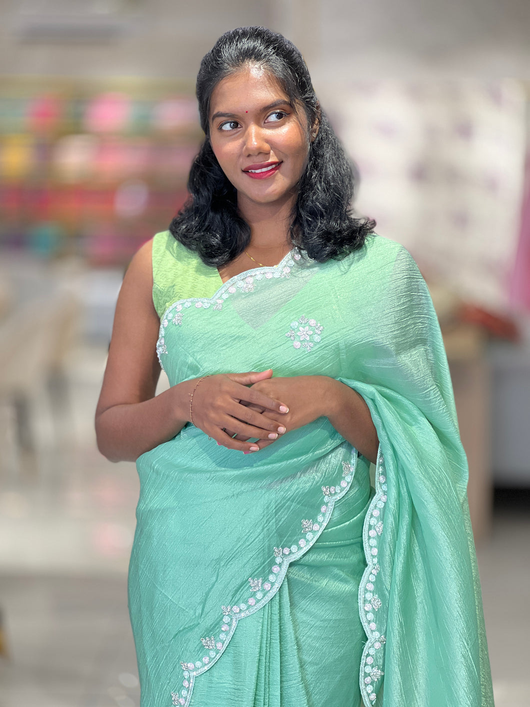 Sequence & Cut Beads Detailed Crushed Shimmer Organza Saree | SBP812
