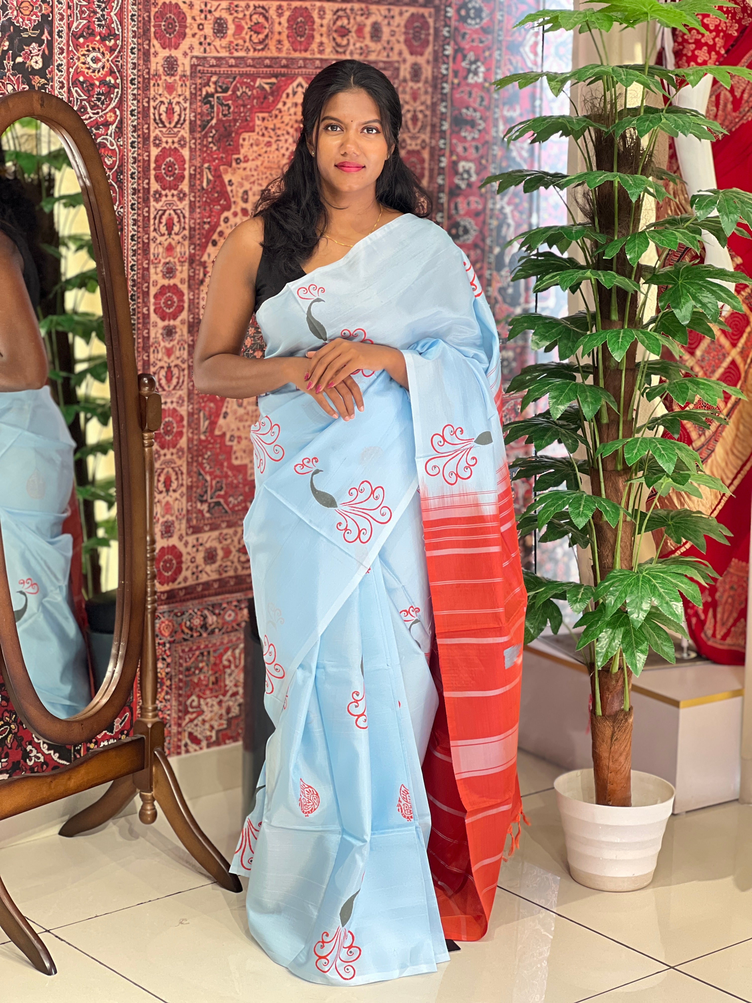 Block Printed Banana Pith Saree | VR175