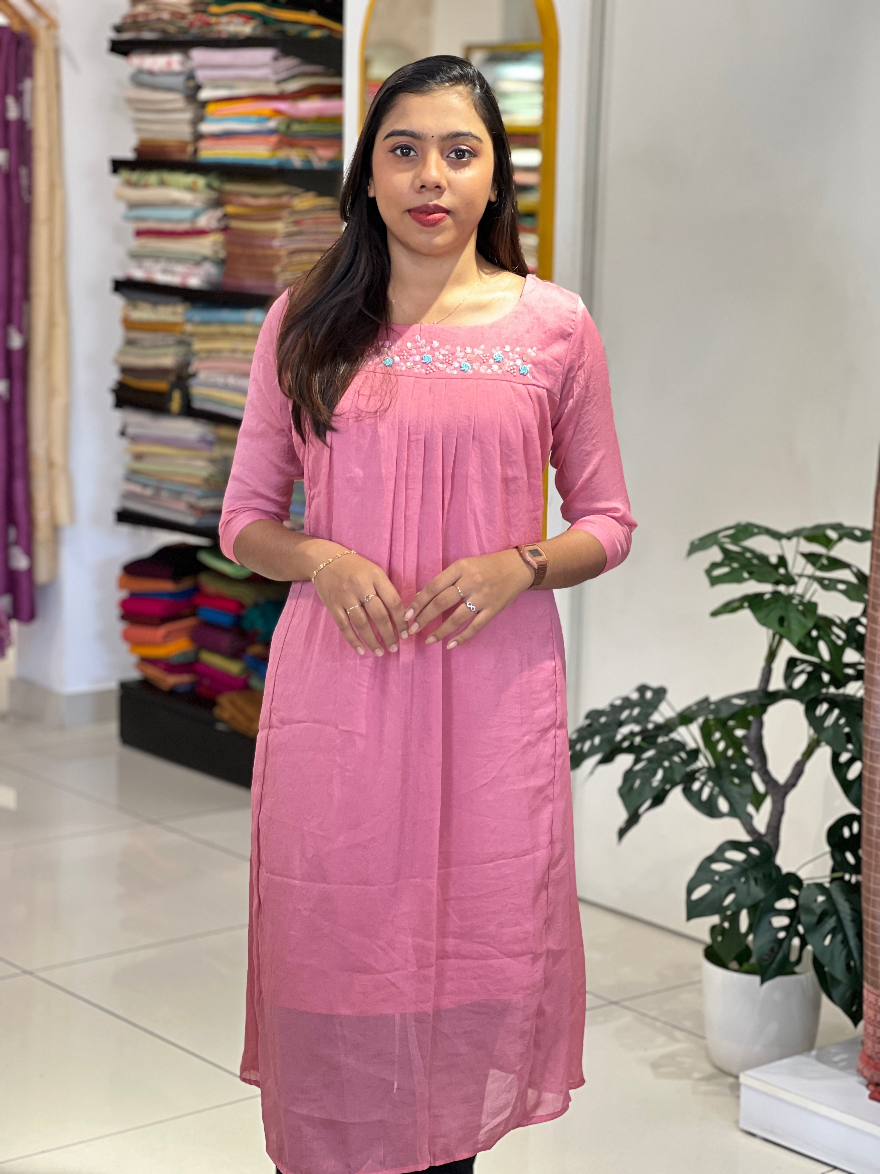 Machine Embroidery Detailed Crushed Silk Kurta | SRF179