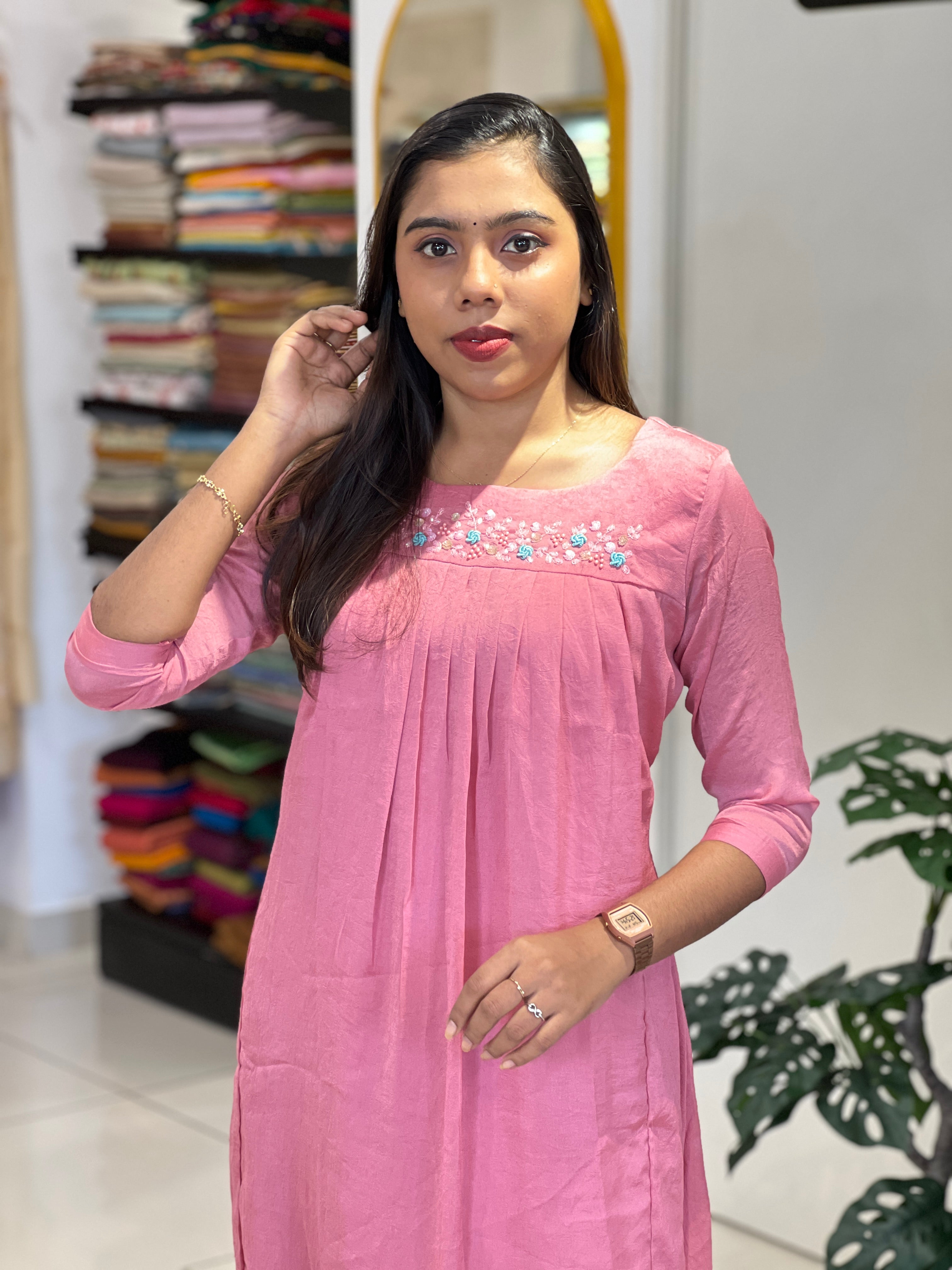 Machine Embroidery Detailed Crushed Silk Kurta | SRF179