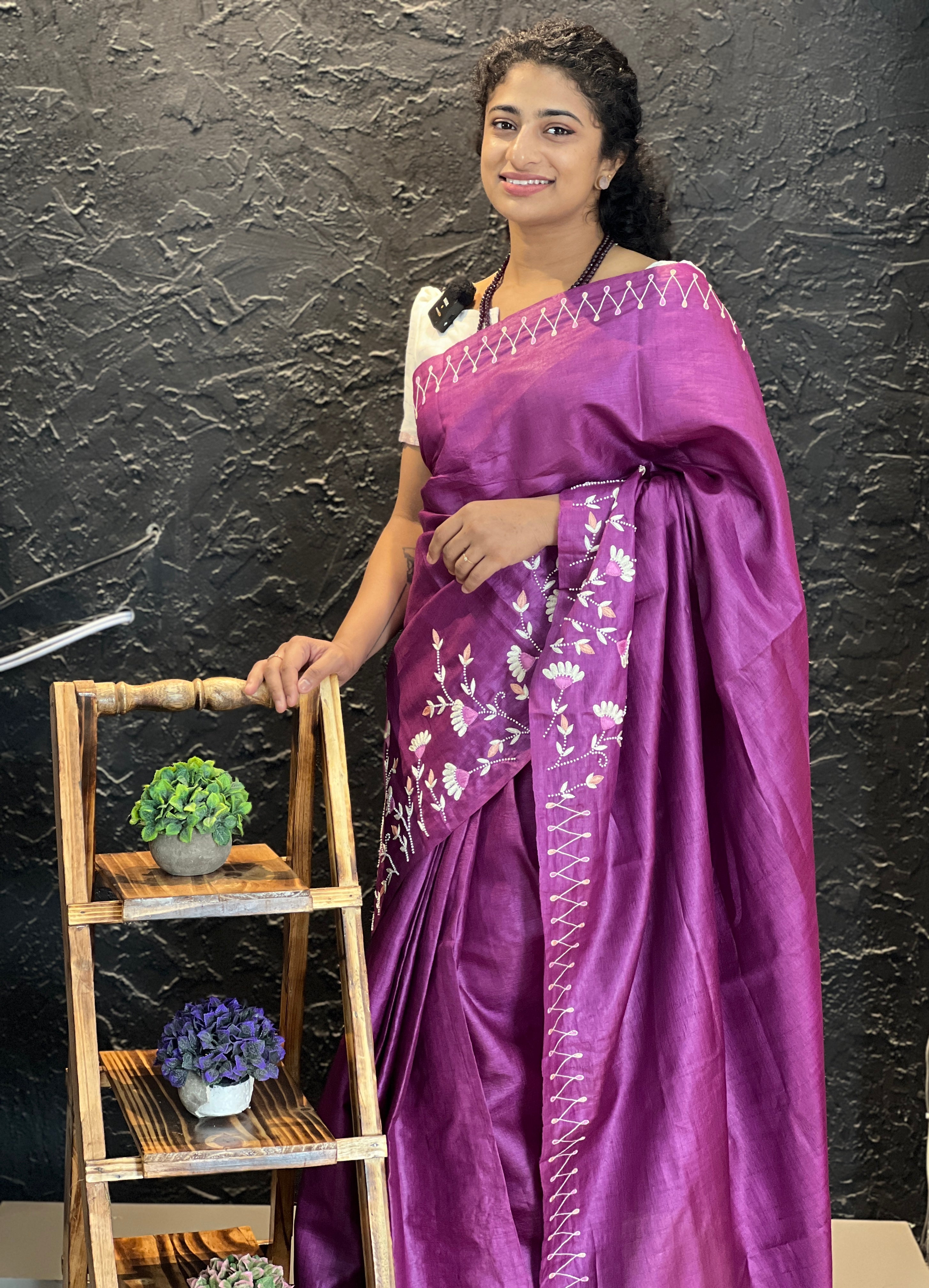 Hand Work  Floral Embroidery Pure Tussar Saree |  AH727